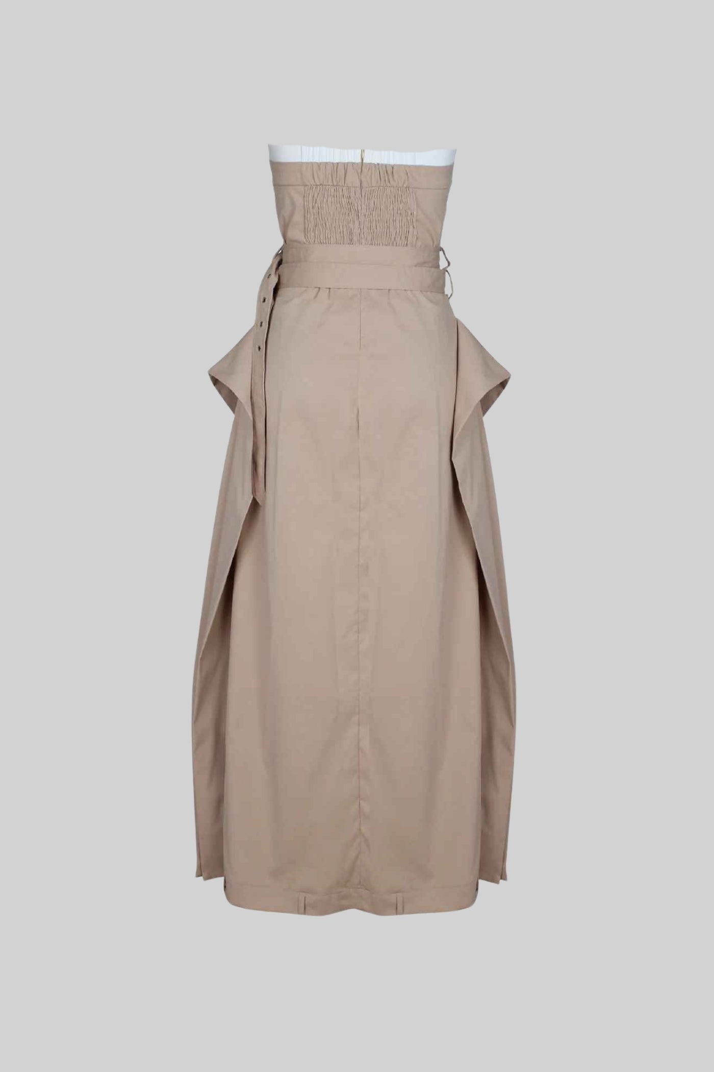Strapless Trench Dress with Belted Waist and Buttoned Front - Beige