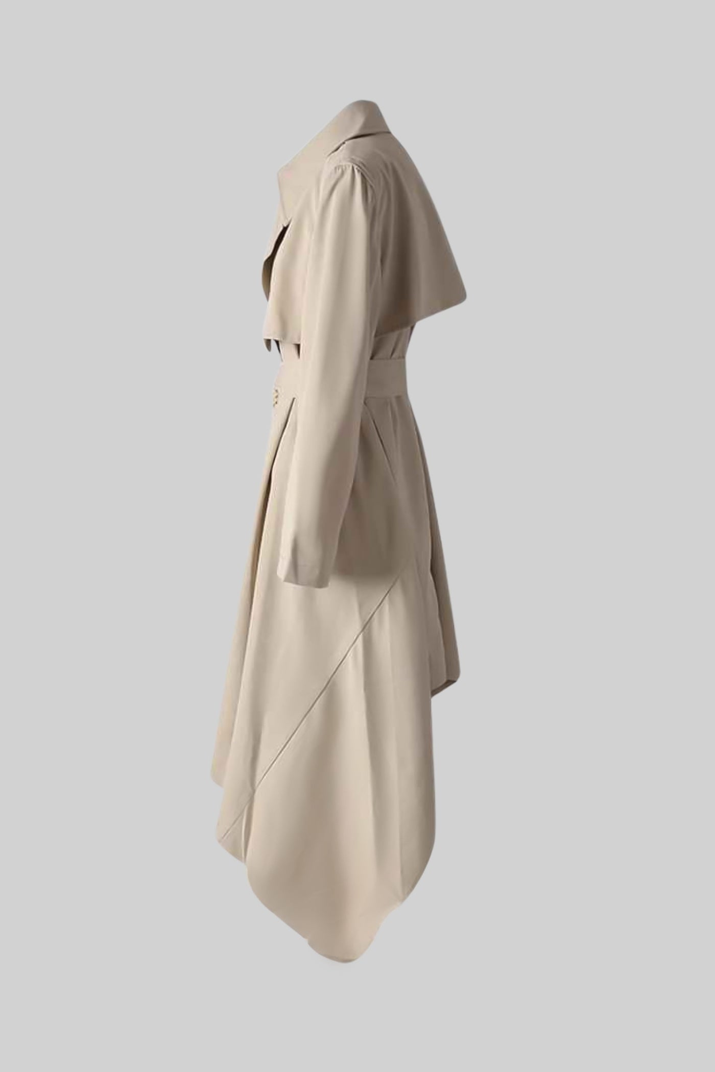 Long Trench Coat with Tie Belt and Asymmetrical Hem - Beige