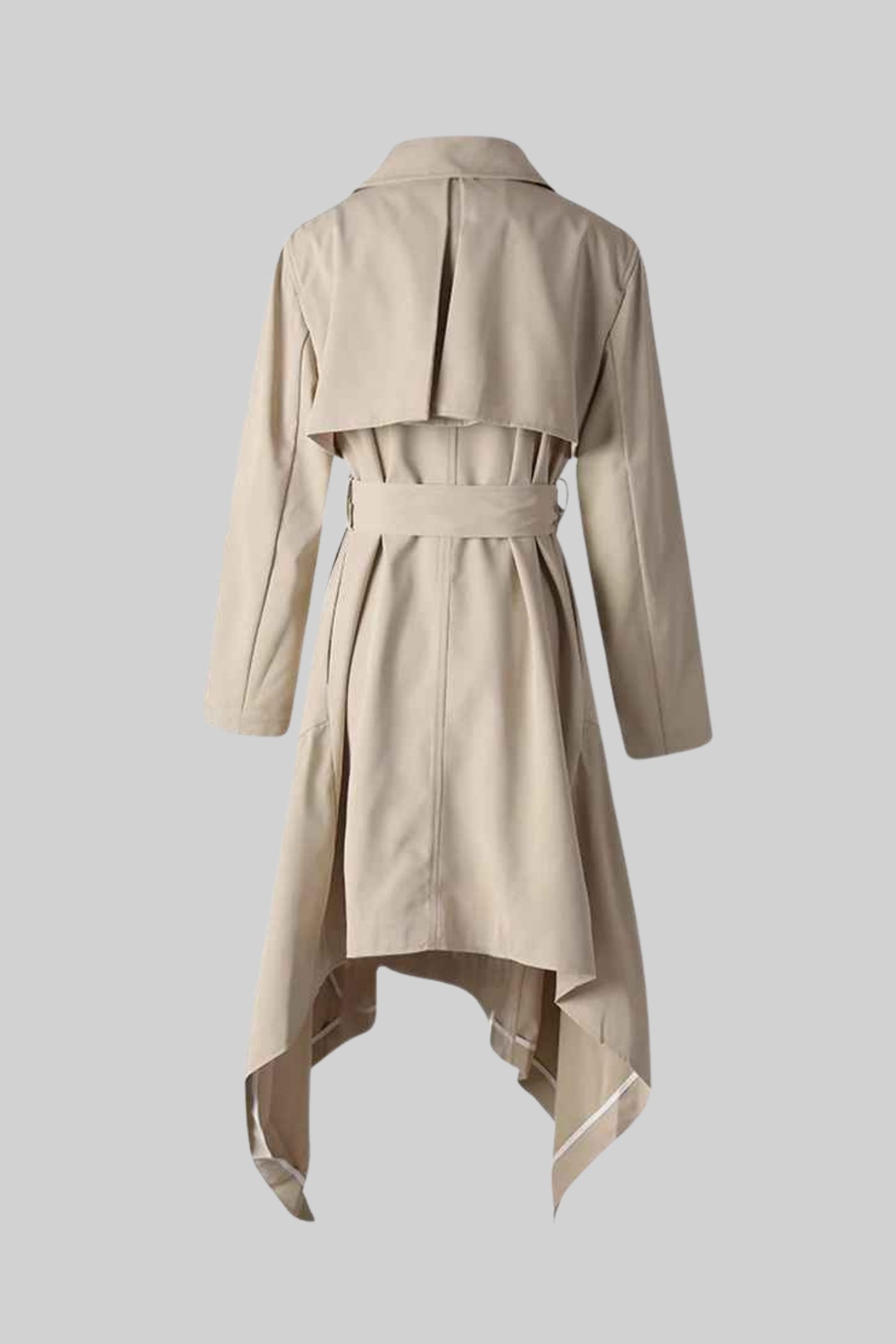 Long Trench Coat with Tie Belt and Asymmetrical Hem - Beige