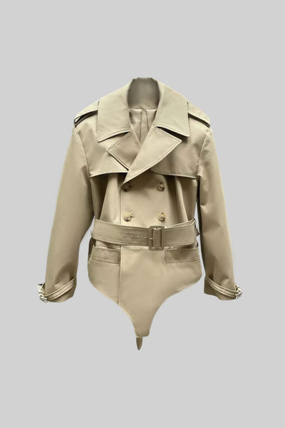 ジャケット・アウター sheer dress trench coat - beige Trench Bodysuit Jacket with Belted Waist and Structured