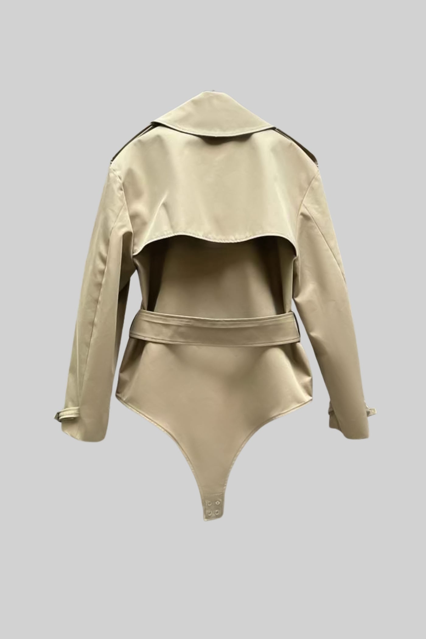 Trench Bodysuit Jacket with Belted Waist and Structured Lapel - Beige