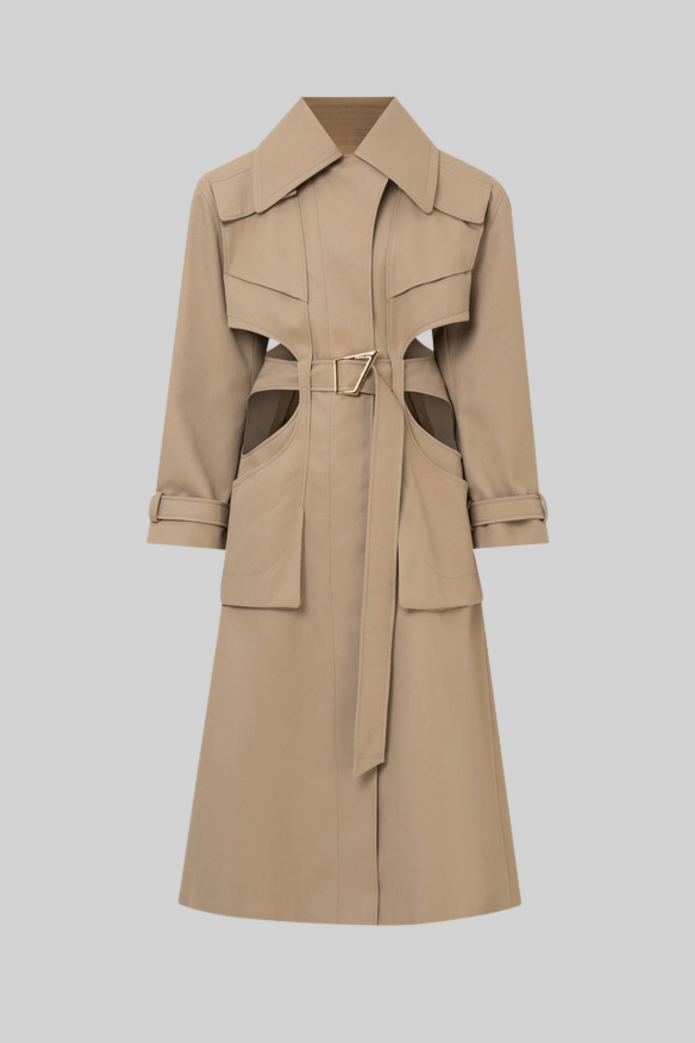Cutout Trench Coat with Belted Waist and Utility Pockets - Beige