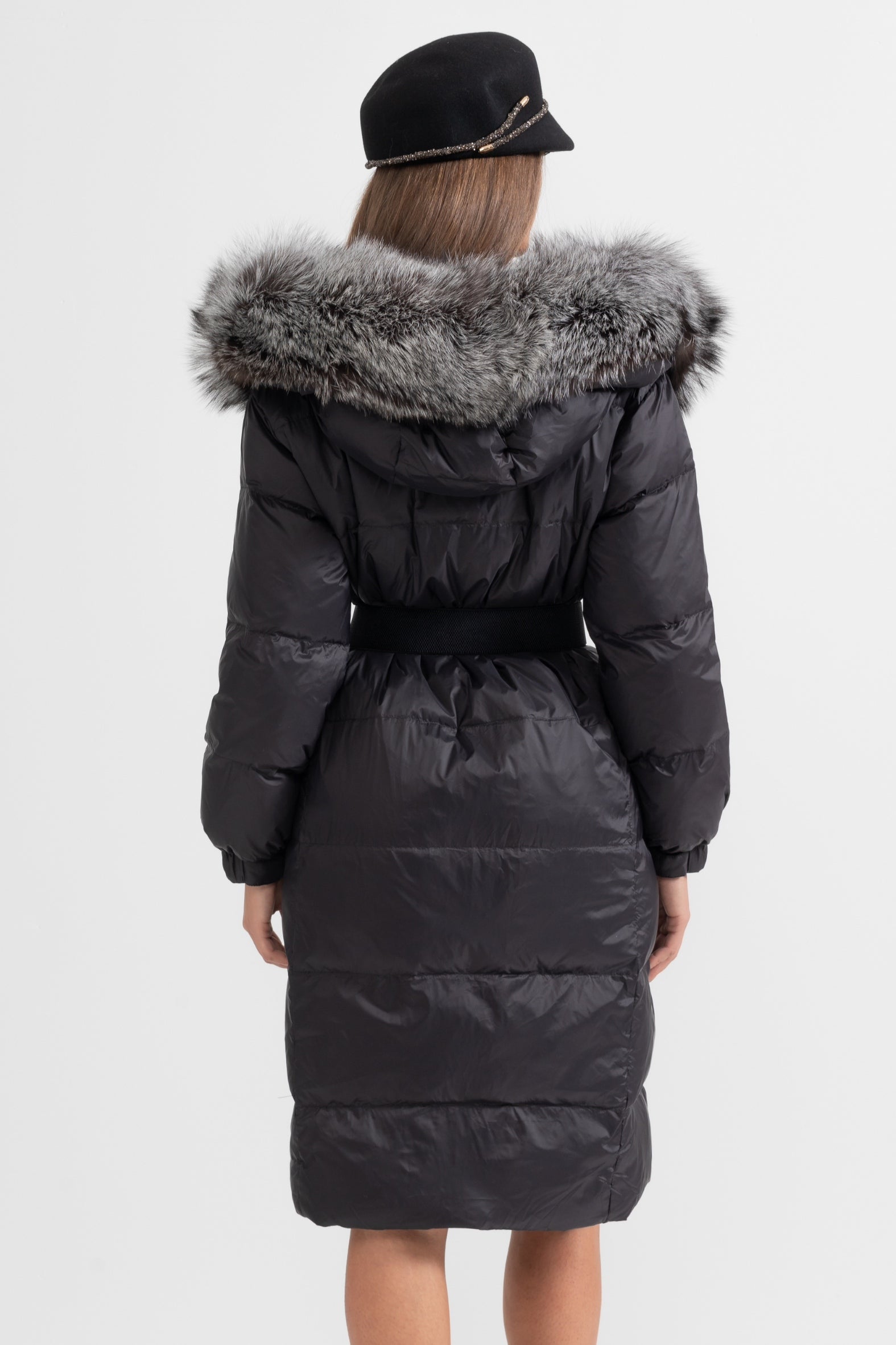 Long Puffer Jacket With Gray Fox Fur-Lined Hood - Black