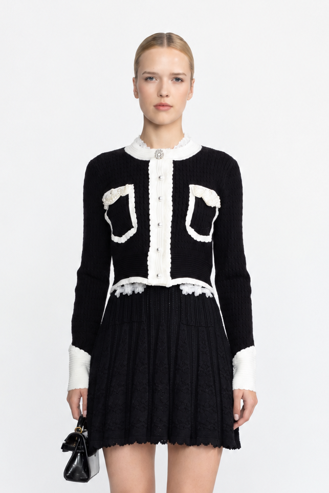 Pearl Embellished Contrast Trim Cable Knit Cropped Cardigan - Black