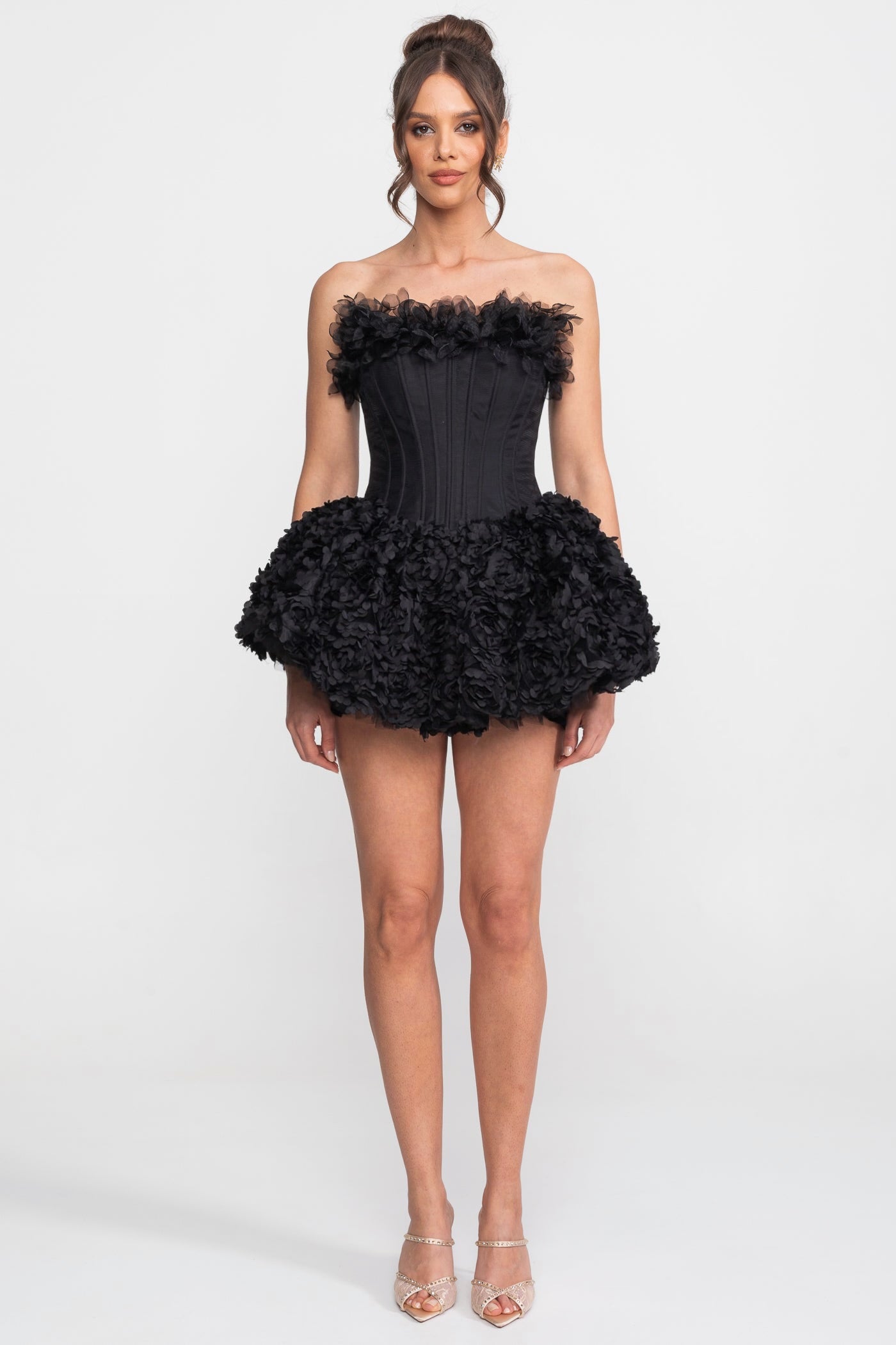 Strapless Corset Mini Dress With 3D Rose Appliqué Skirt - Black