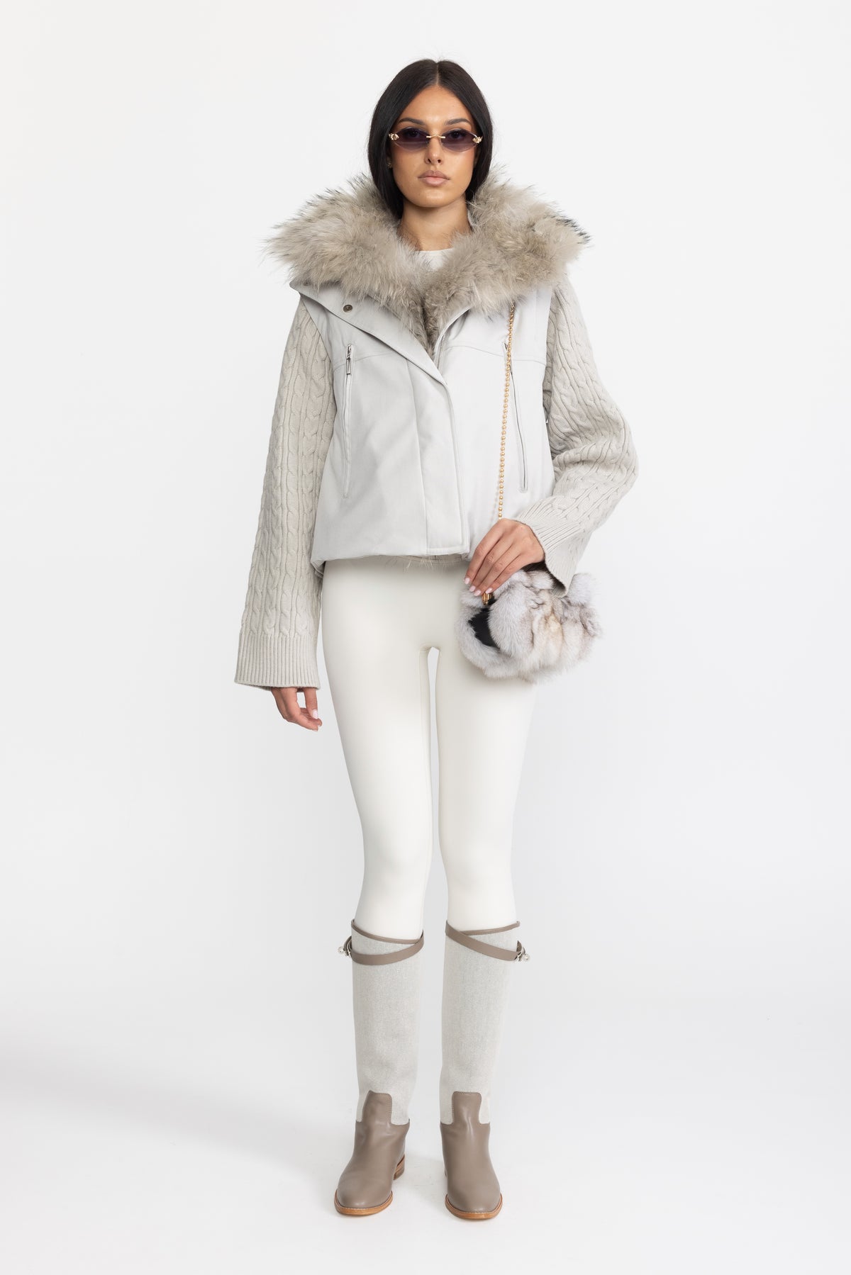 Cable Knit Sleeve Cropped Down Jacket with Raccoon Fur Collar - Light Grey