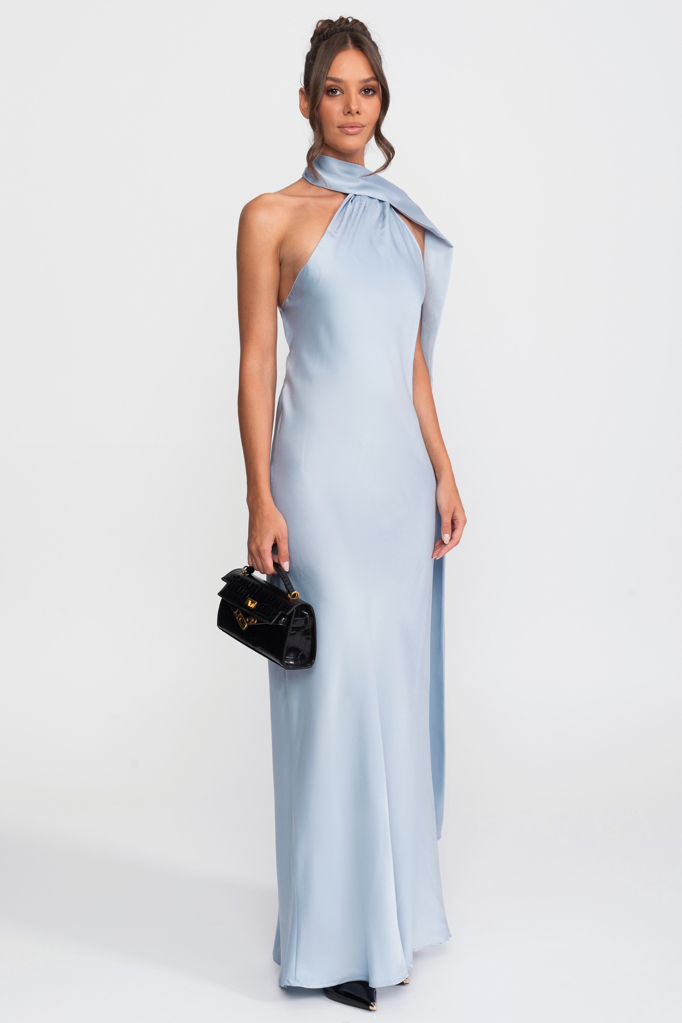 Twist Halter Satin Slip Dress With Asymmetric Neckline - Blue