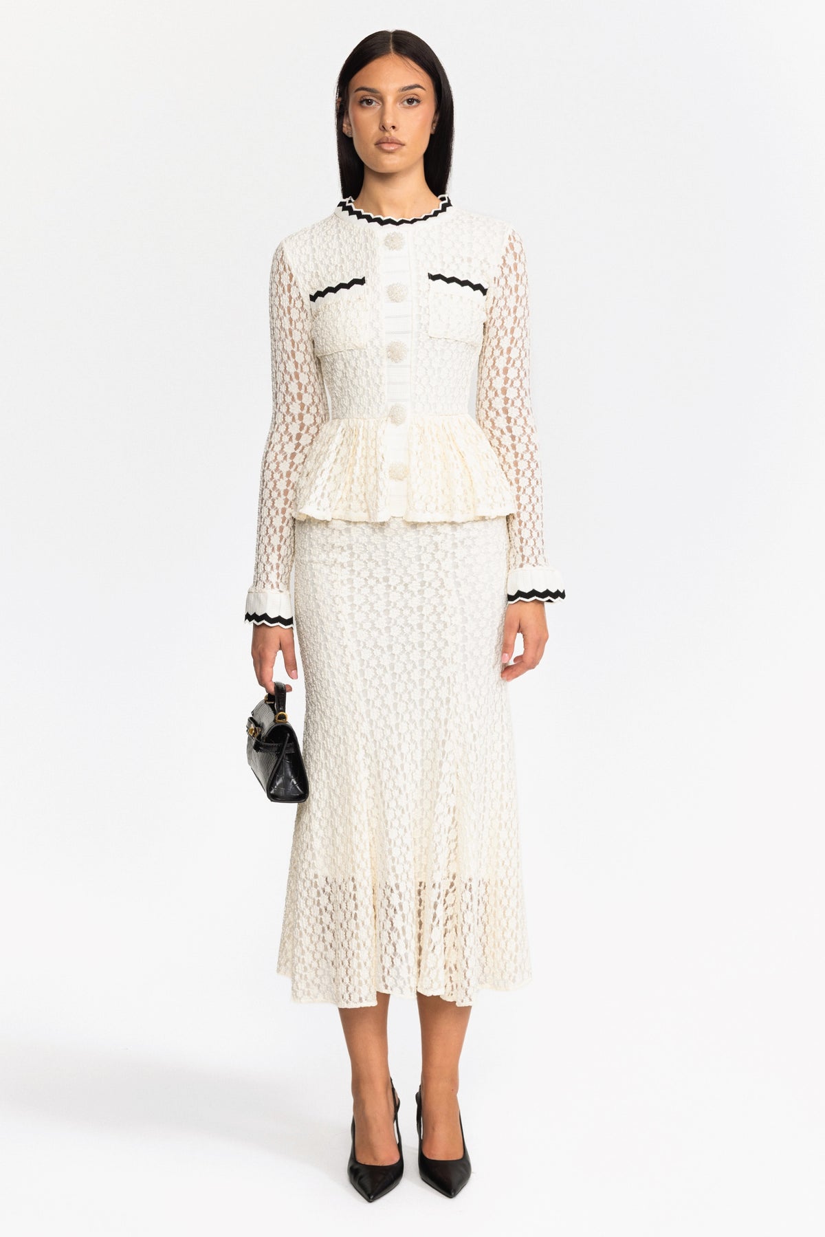 Crochet Knit Peplum Midi Dress with Ric-Rac Trim - Off-White
