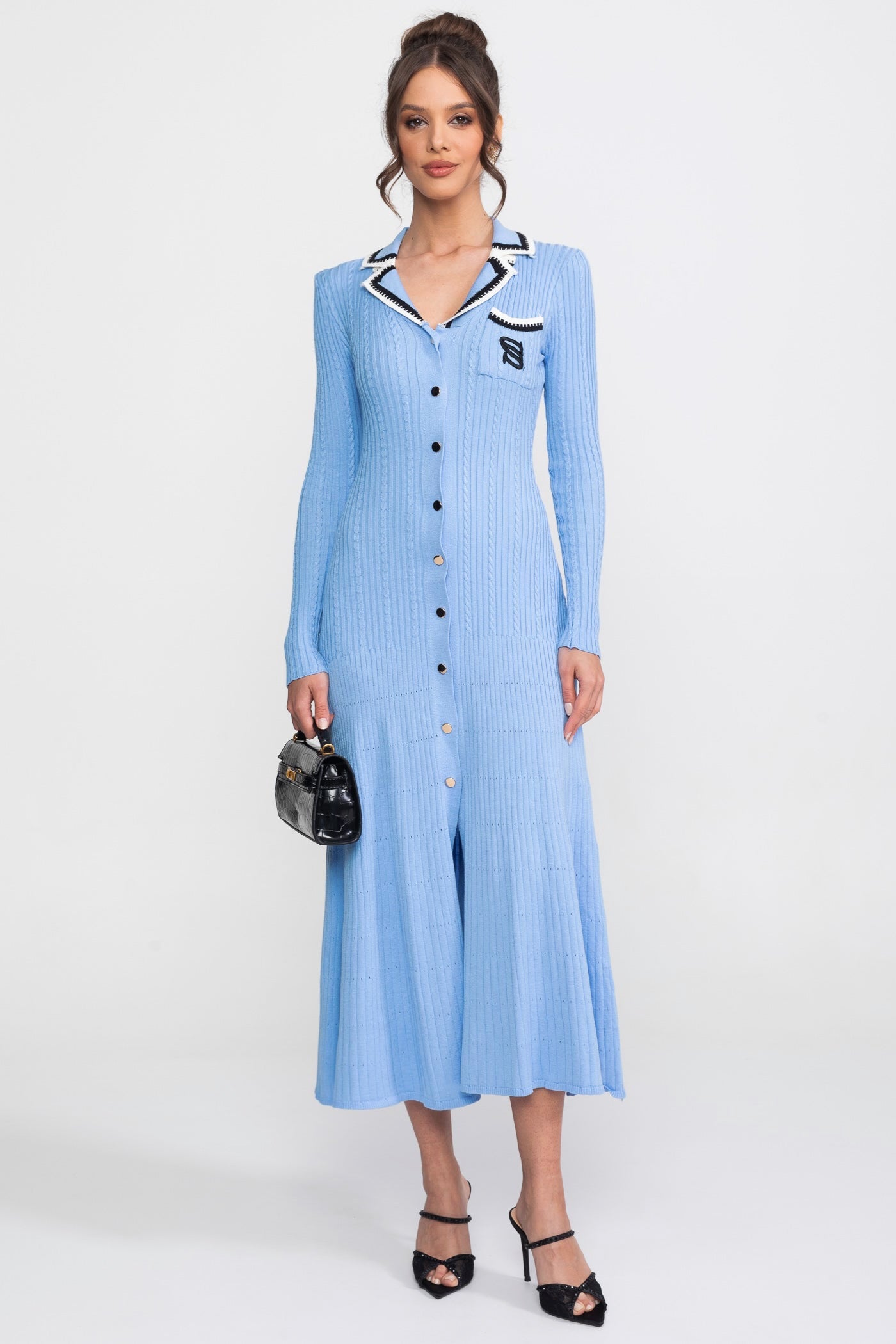 Long Sleeve Knit Midi Dress With Polo Collar And Monogram Patch - Blue