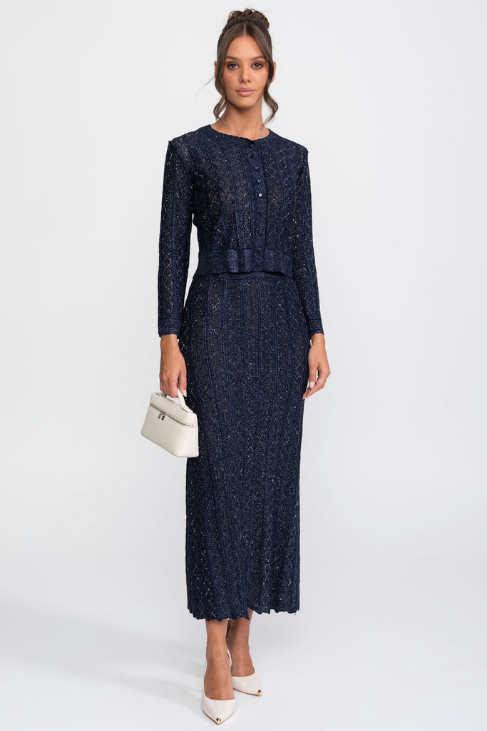 Long-Sleeve Diamond-Pattern Lace Co-Ord Set With Maxi Skirt - Navy