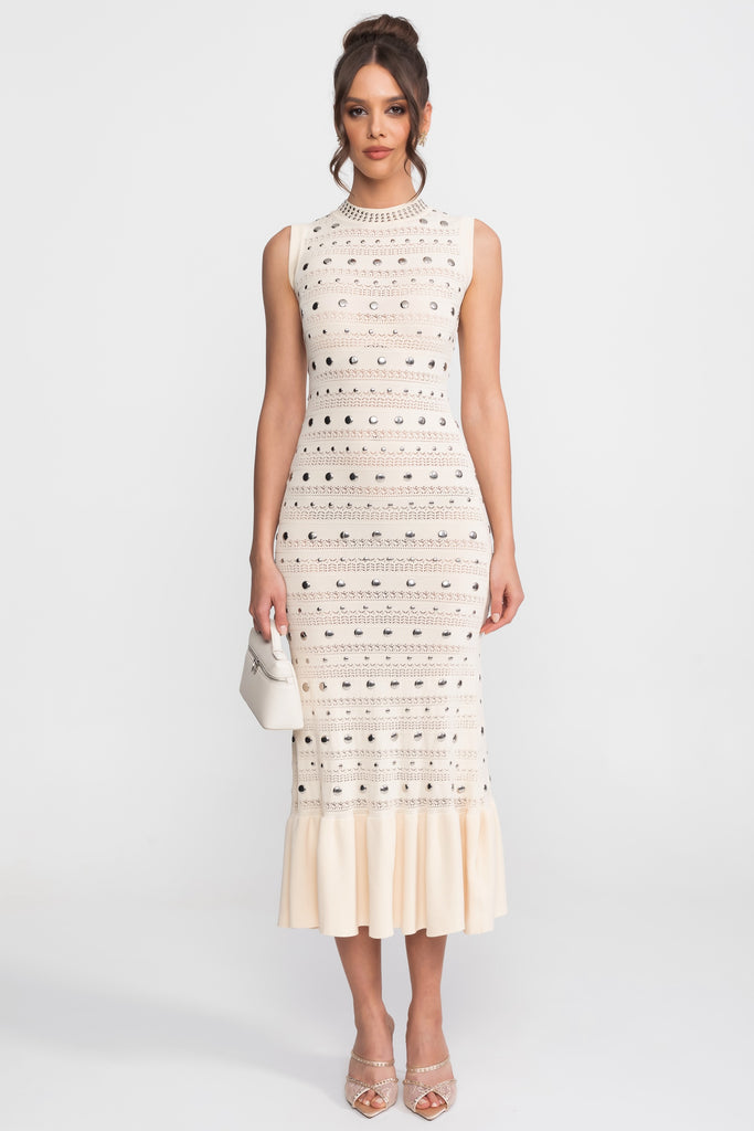 Embellished Knit Midi Dress With High Neck And Ruffle Hem - Cream