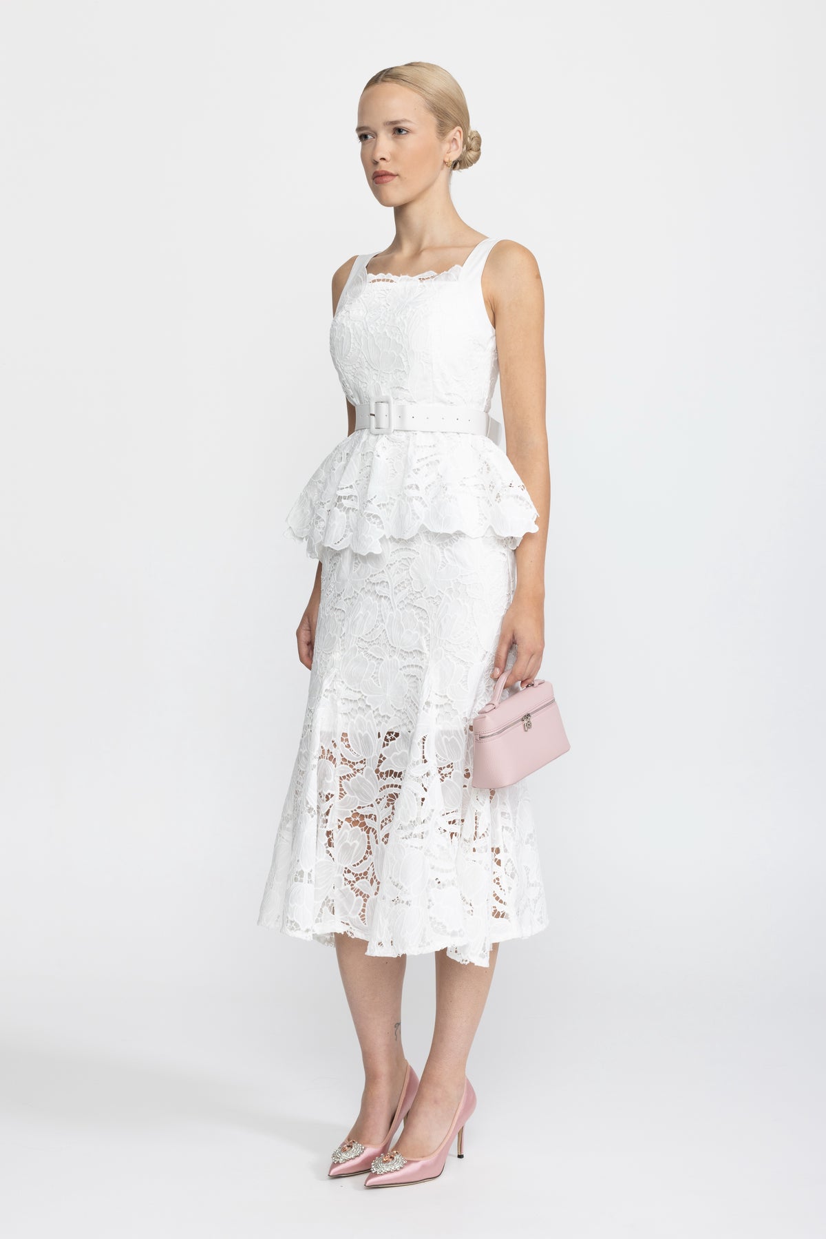 Guipure Lace Peplum Midi Dress - White