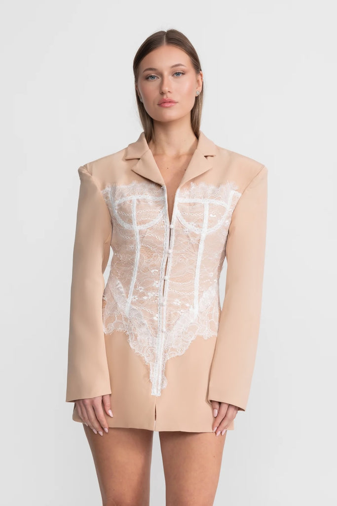Lace Corset Blazer Dress With Deep V-neckline  – Peach