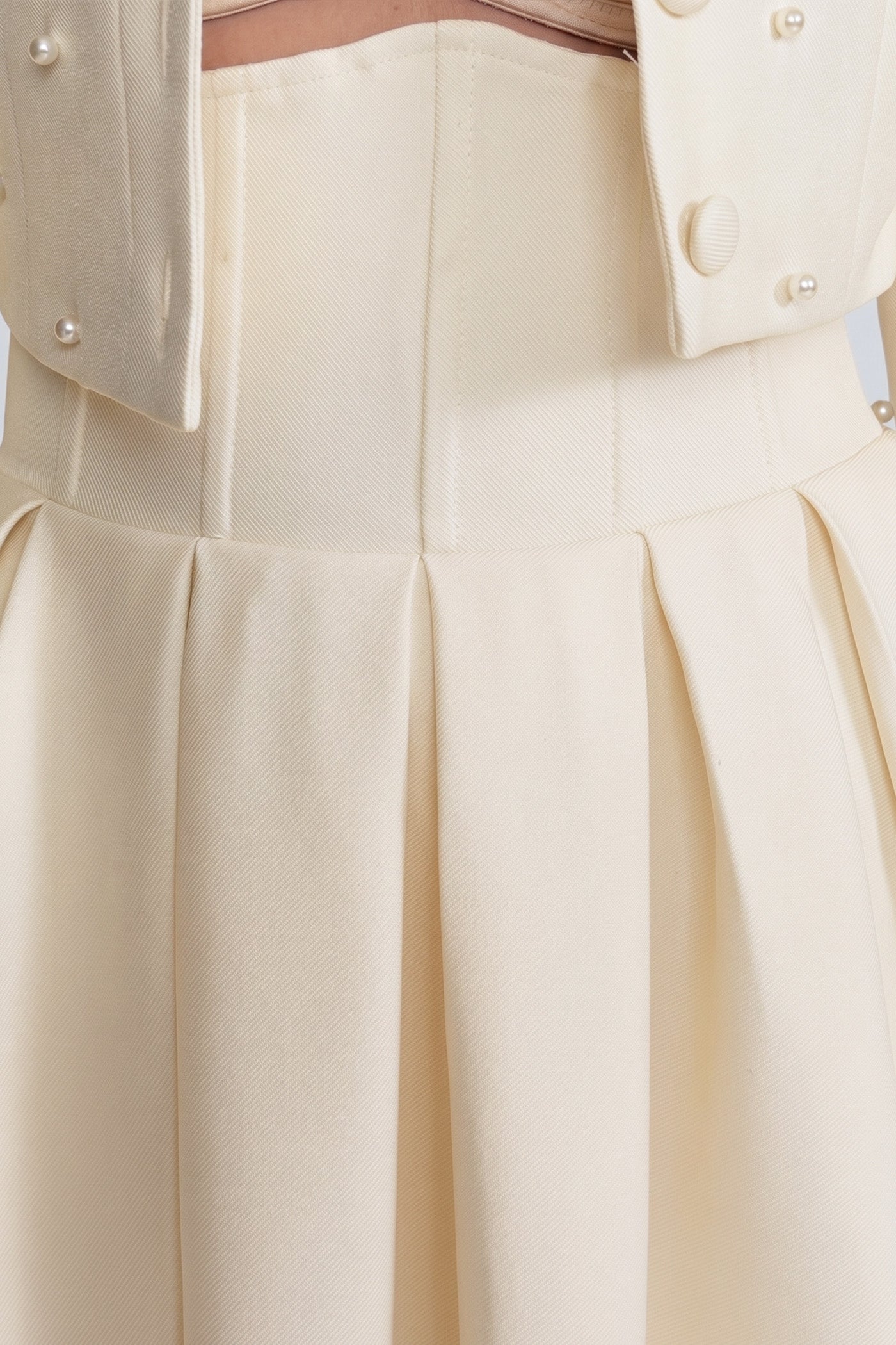 Pearl-Embellished Co-Ord Set with Cropped Jacket and Full Skirt – Ivoire