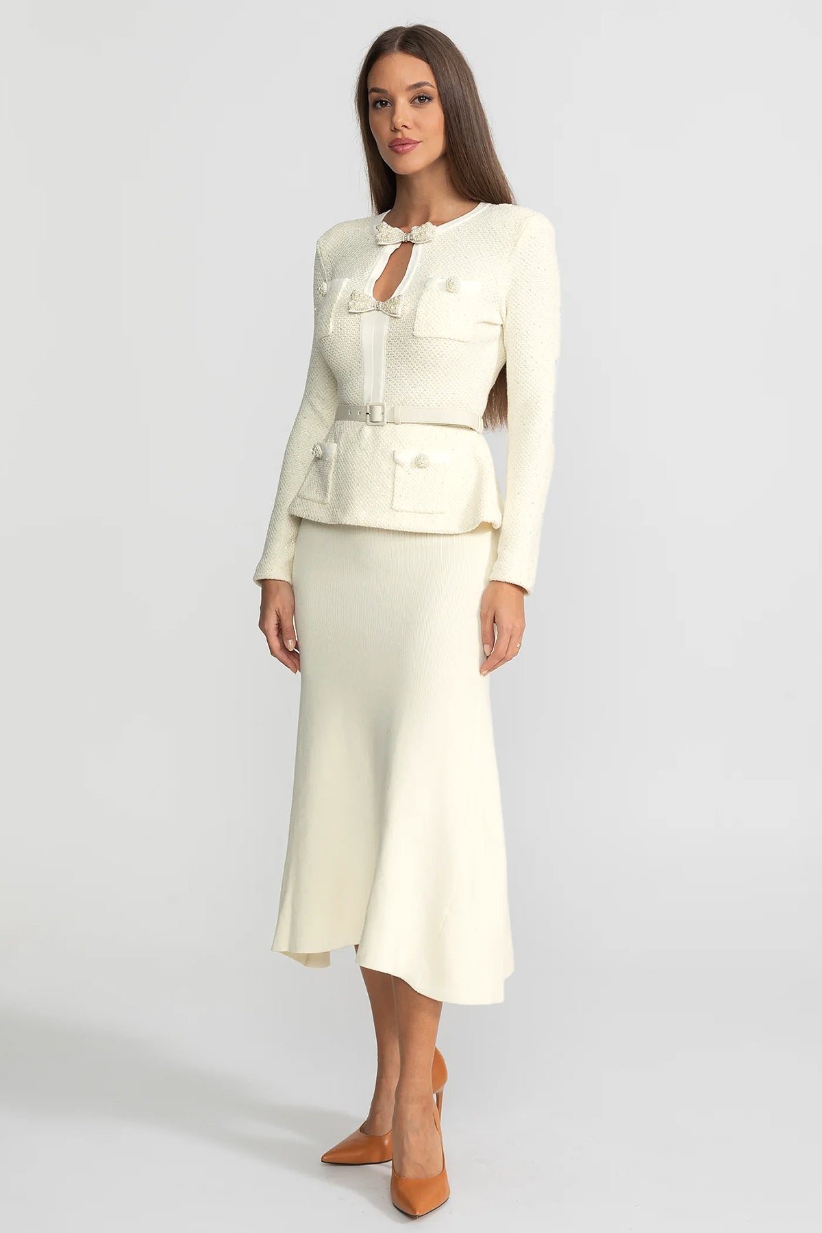 Tweed Peplum Knit Midi Dress – Ivoire