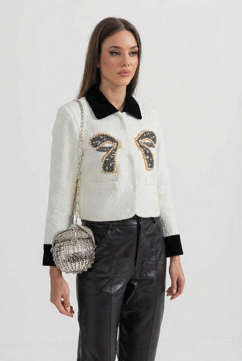 Tweed Blazer With Contrasting Elements And Metallic Bow Accent - White