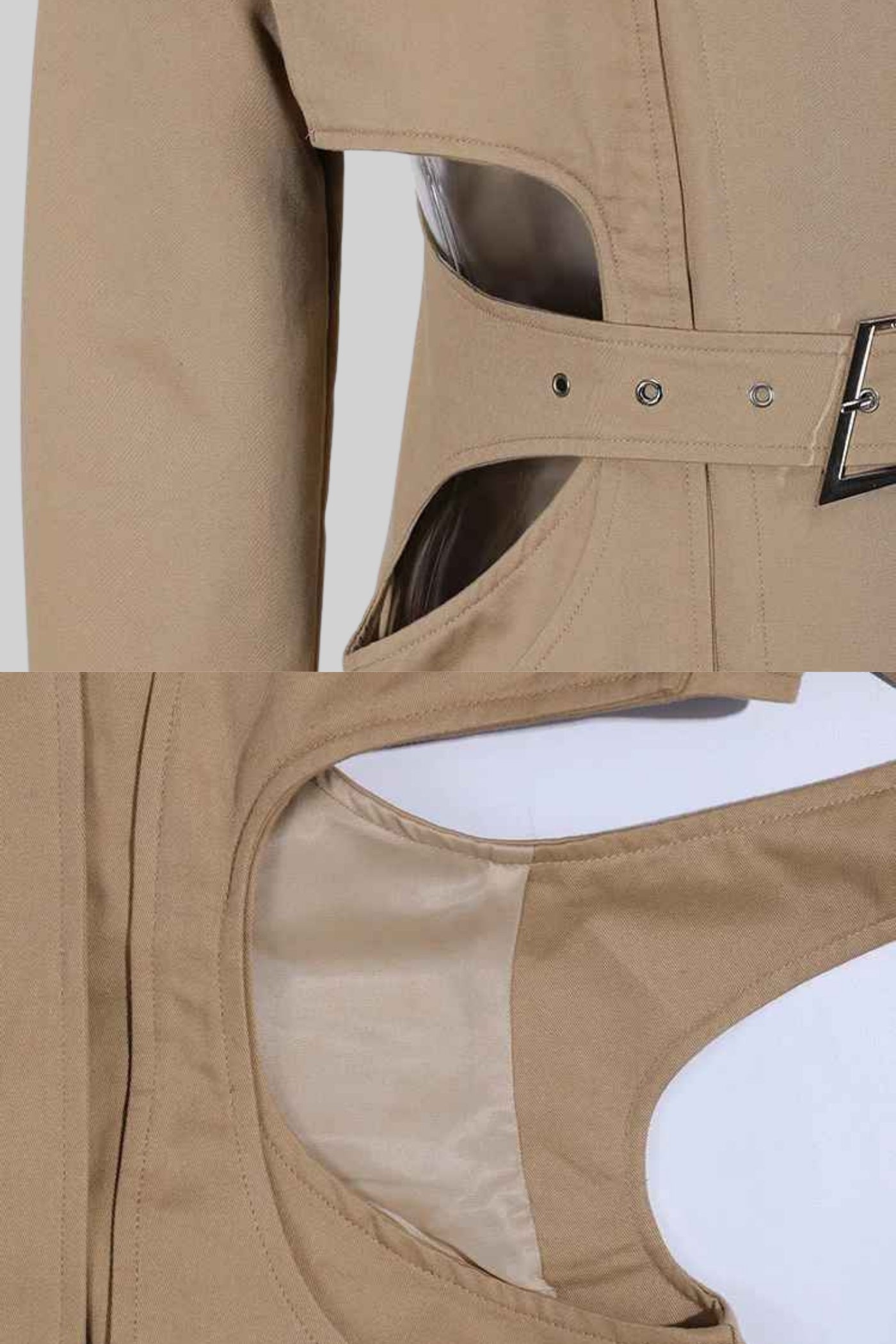 Cutout Trench Coat with Belted Waist and Utility Pockets - Beige
