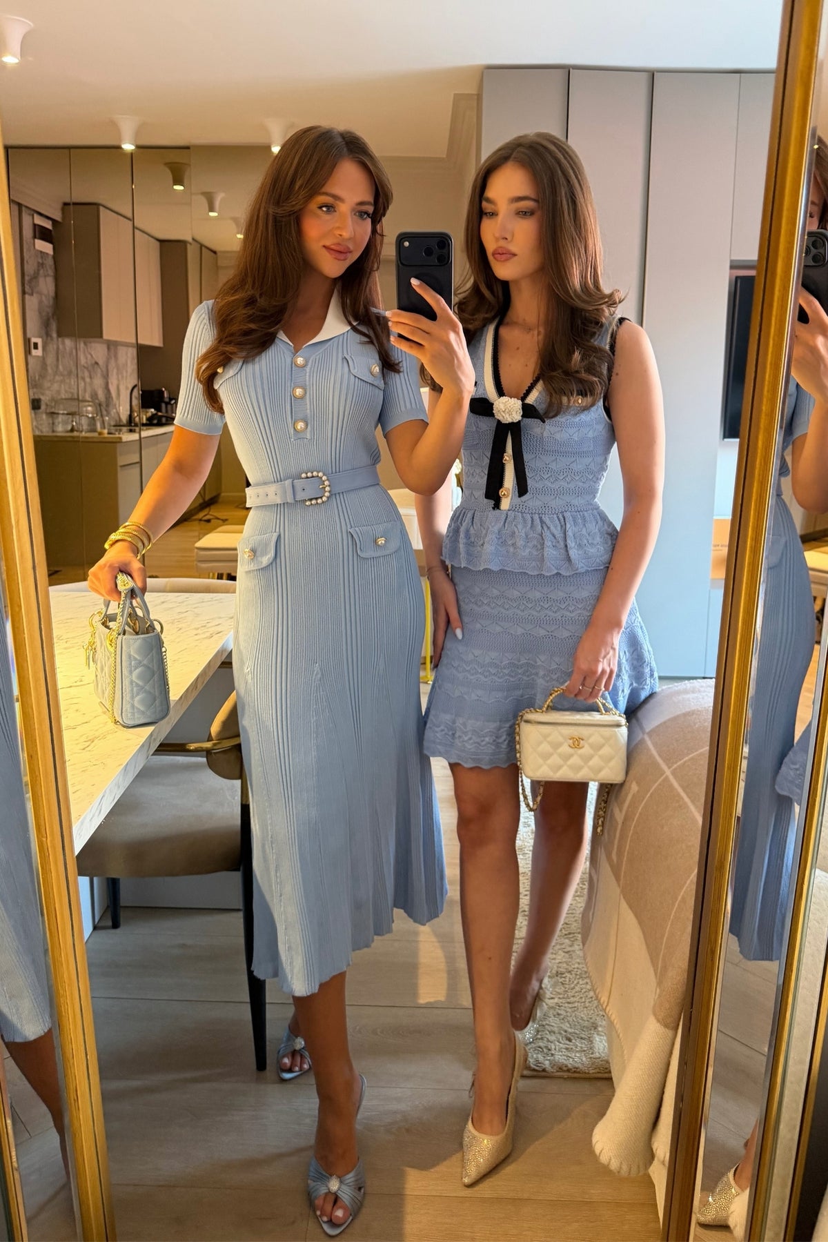 Ribbed Knit Midi Dress With White Collar And Pearl Belt - Light Blue