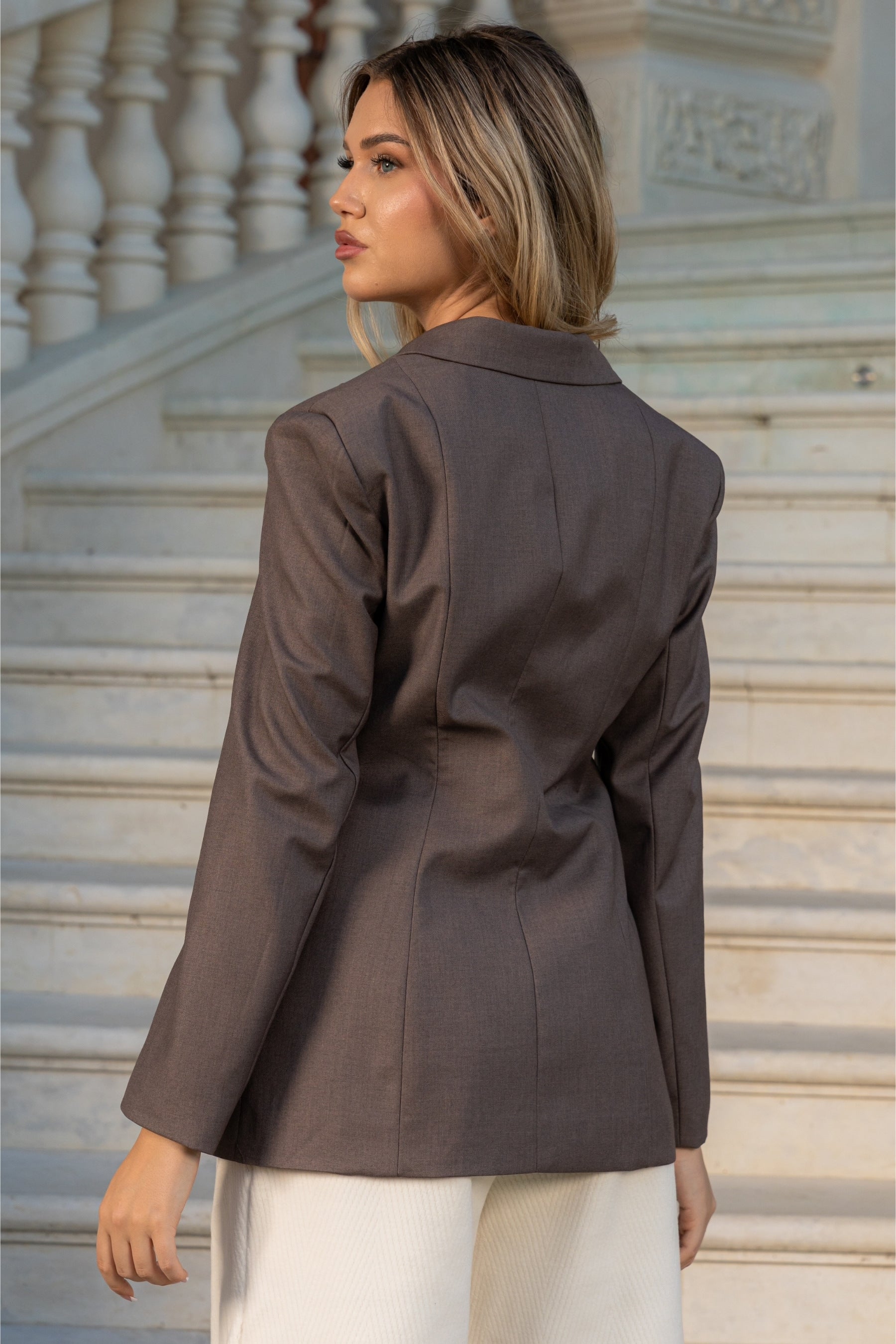 Fitted Longline Tie Up Blazer - Mocha