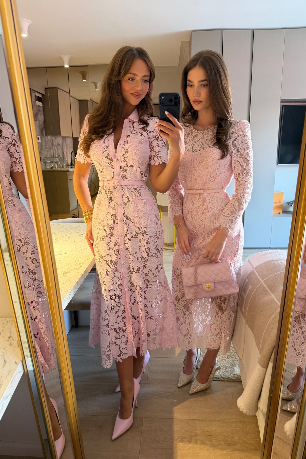 Lace Short Sleeve Midi Dress With Collared Neckline And Belted Waist - Pink