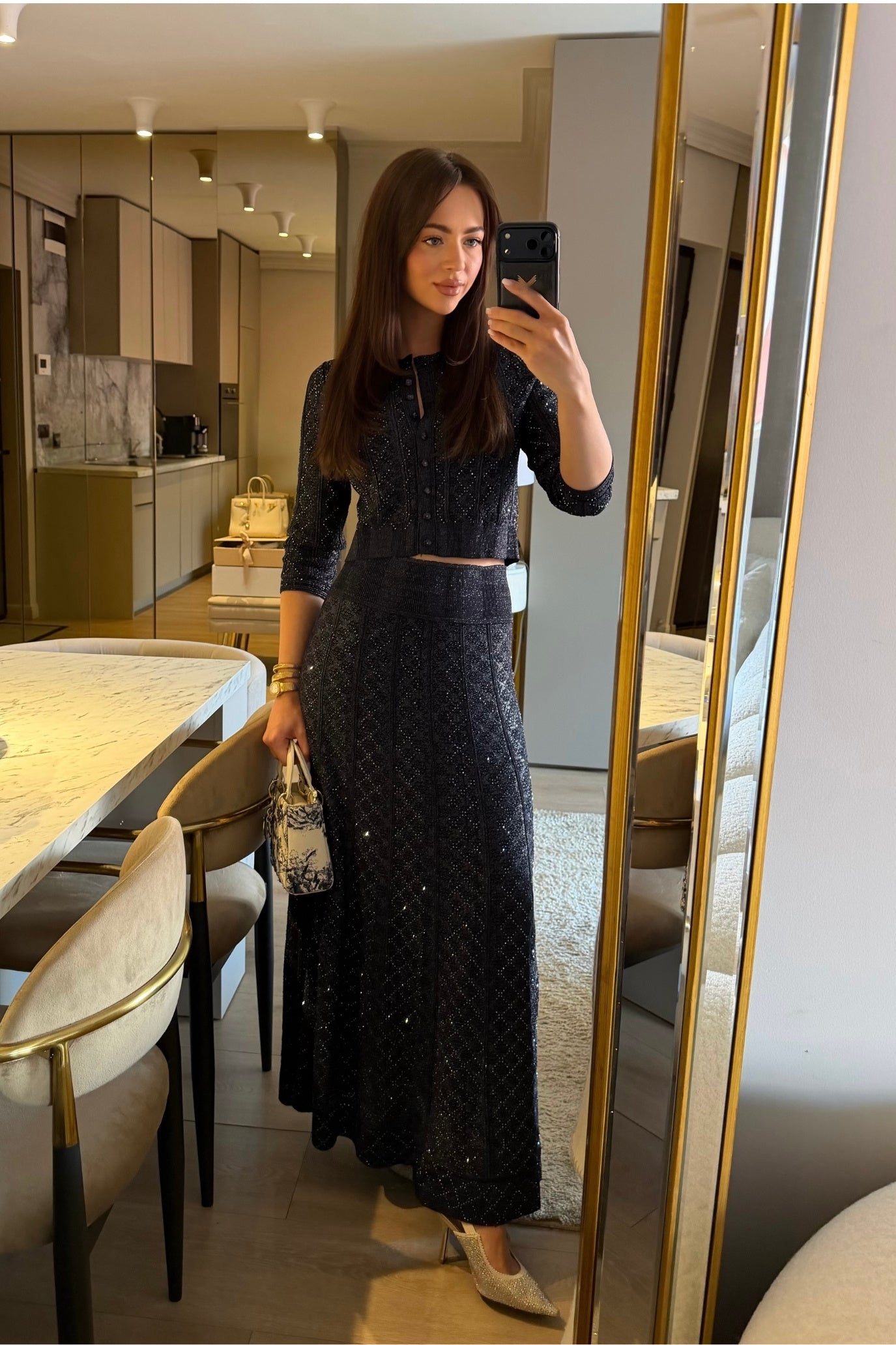 Long-Sleeve Diamond-Pattern Lace Co-Ord Set With Maxi Skirt - Navy
