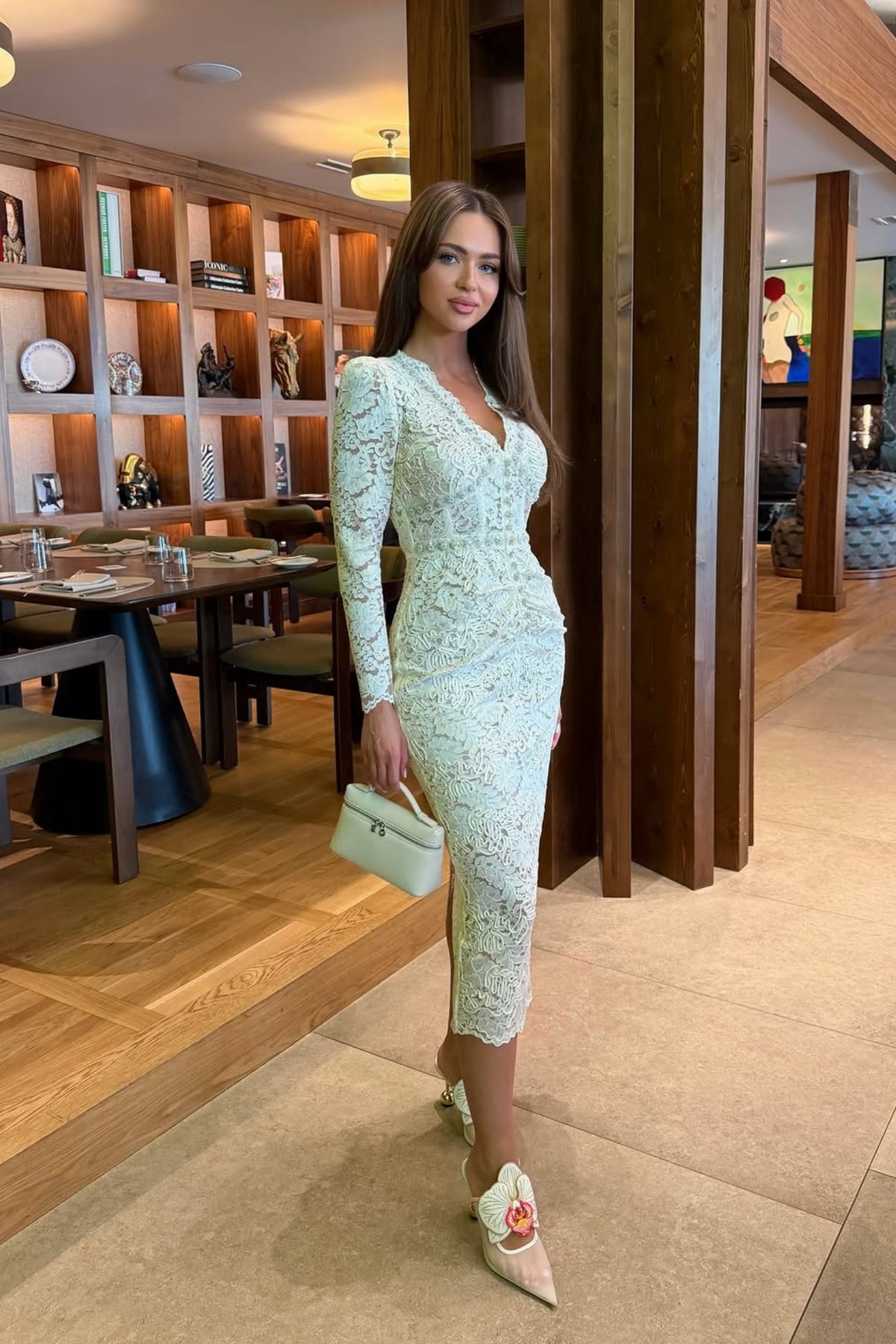 Lace Midi Dress With Crystal V-Neckline And Ruched Front Detail - Ivoire