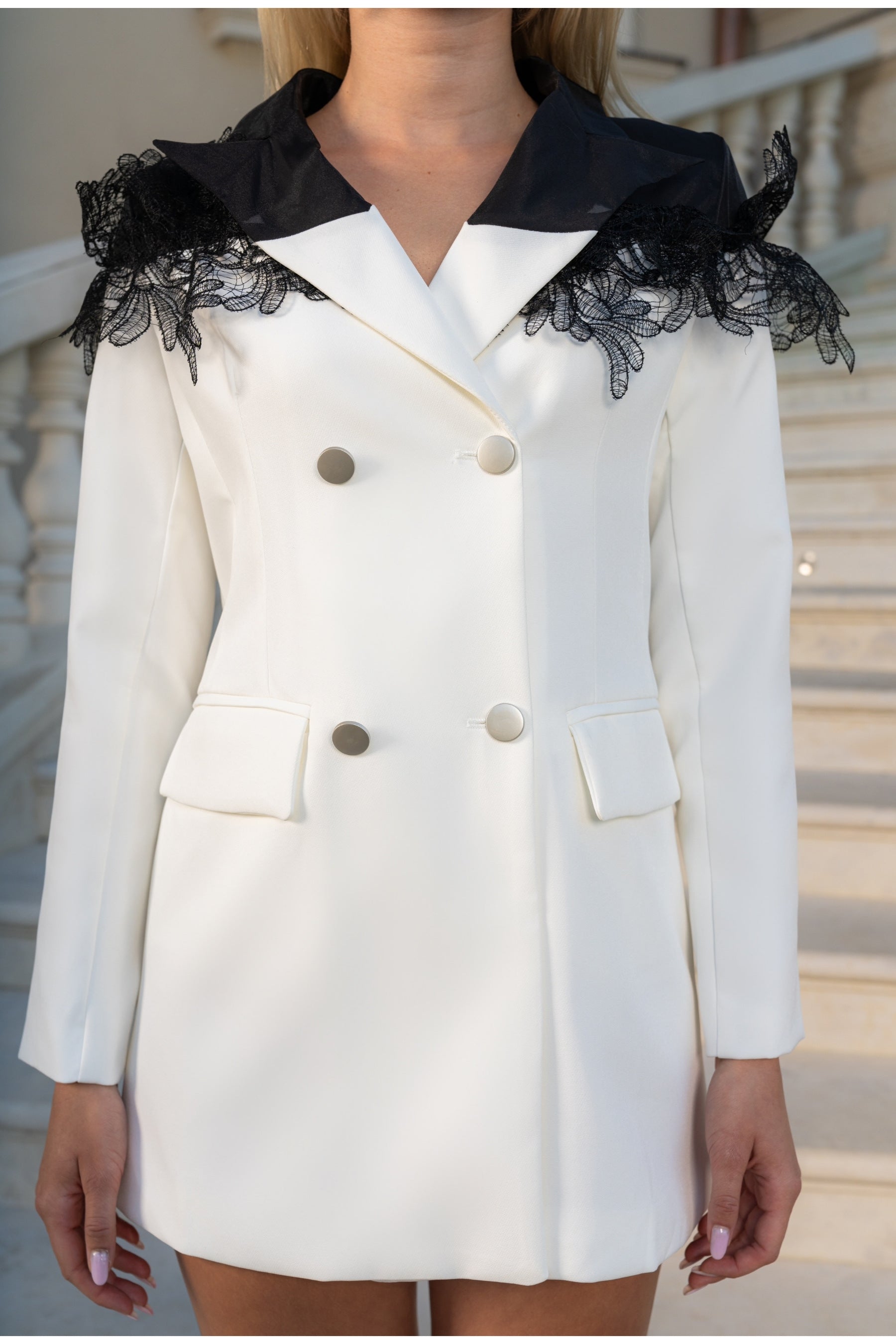 Black & White Contrast Blazer with Lace Detailing