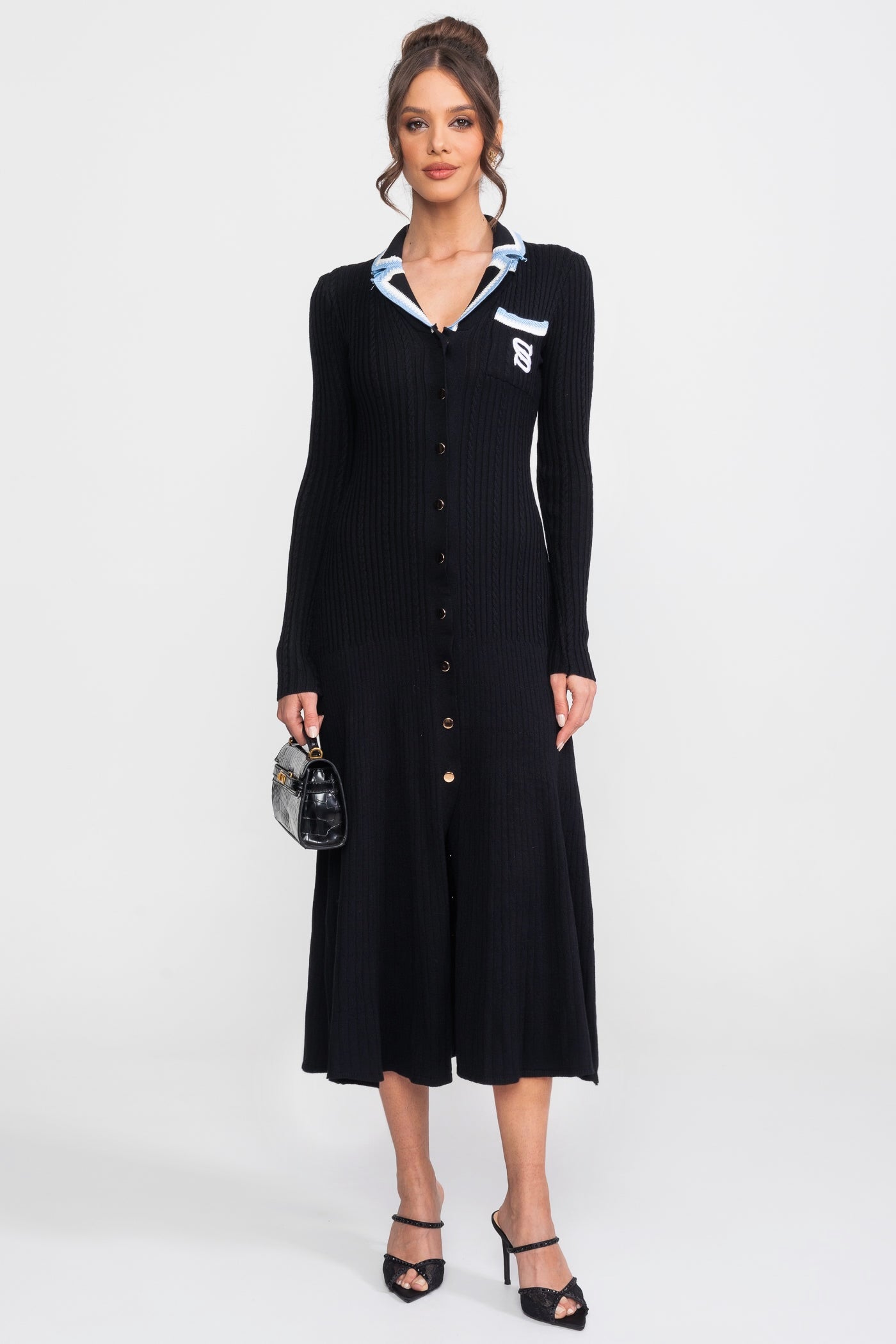 Long Sleeve Knit Midi Dress With Polo Collar And Monogram Patch - Black