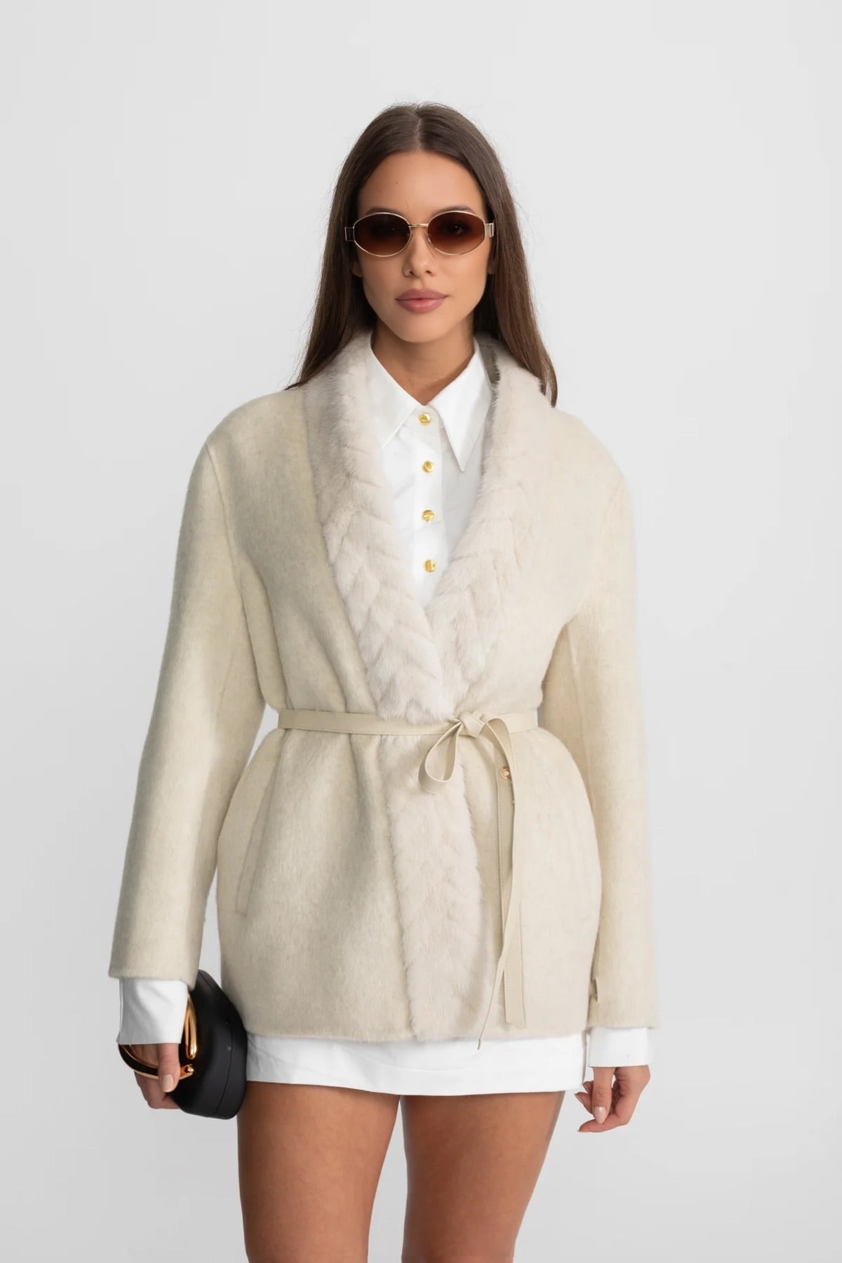 Cashmere Trim Jacket With Belted Waist and Fox Fur – Ivoire