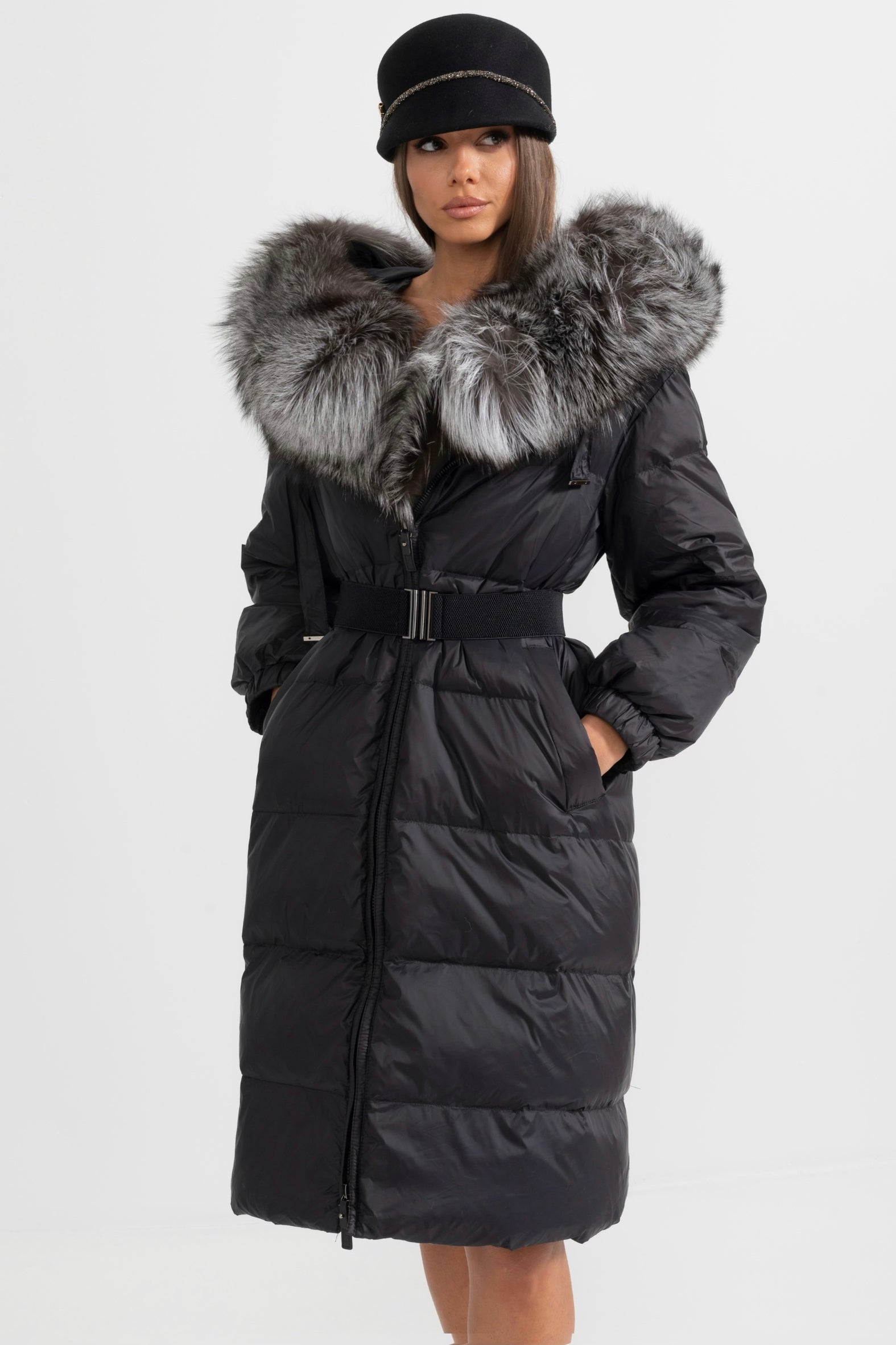 Long Puffer Jacket With Gray Fox Fur-Lined Hood Black