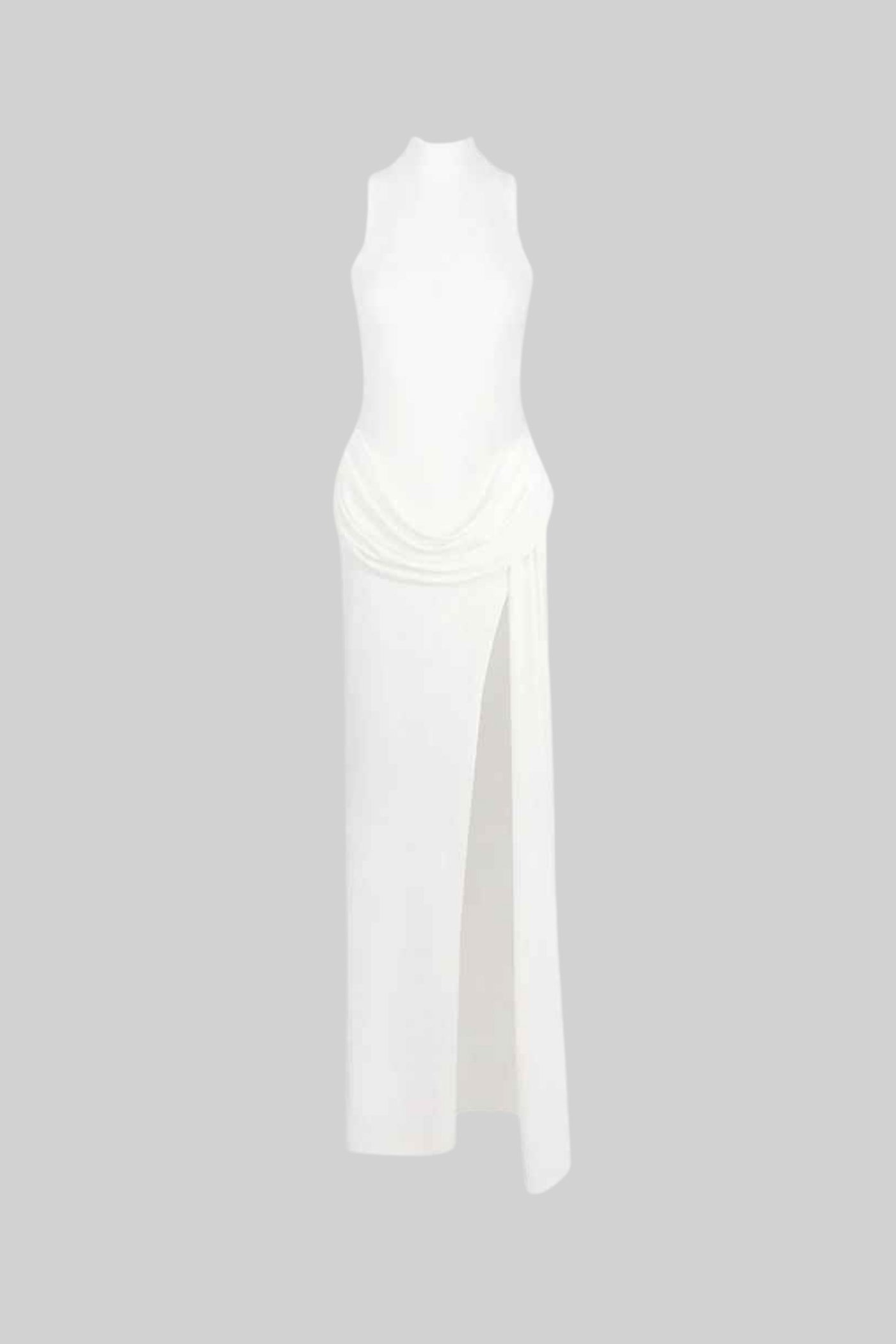 Sleeveless Maxi Dress with Draped Waist and Side Slit - White