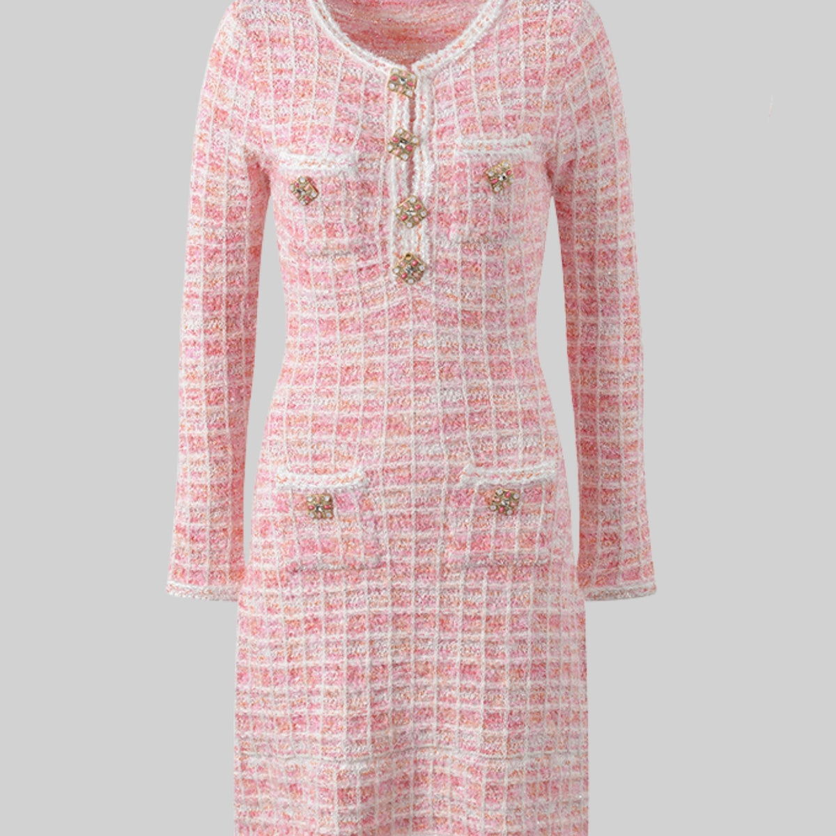 Tweed Mini Dress with Jewel Buttons - Pink, XS Tweed Mini Dress with Jewel Buttons - Pink, XS