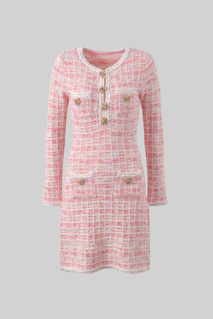 Tweed Mini Dress with Jewel Buttons - Pink