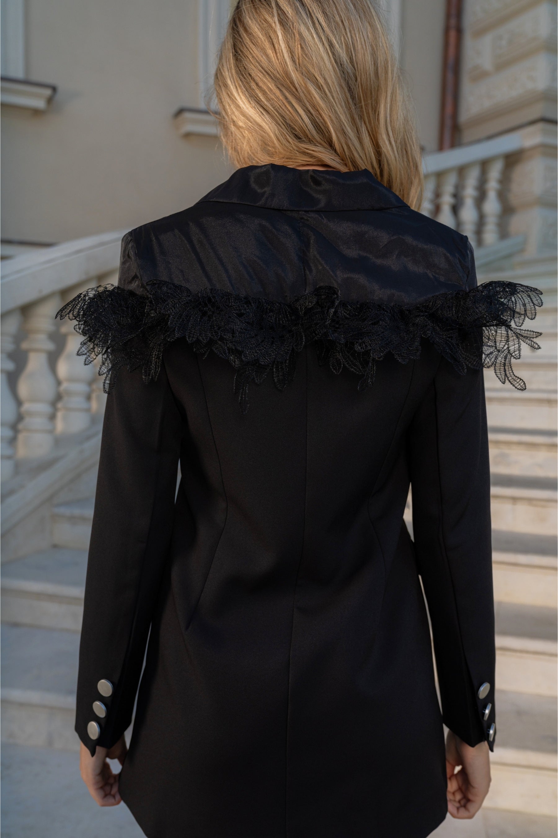 Contrast Blazer with Lace Detailing - Black