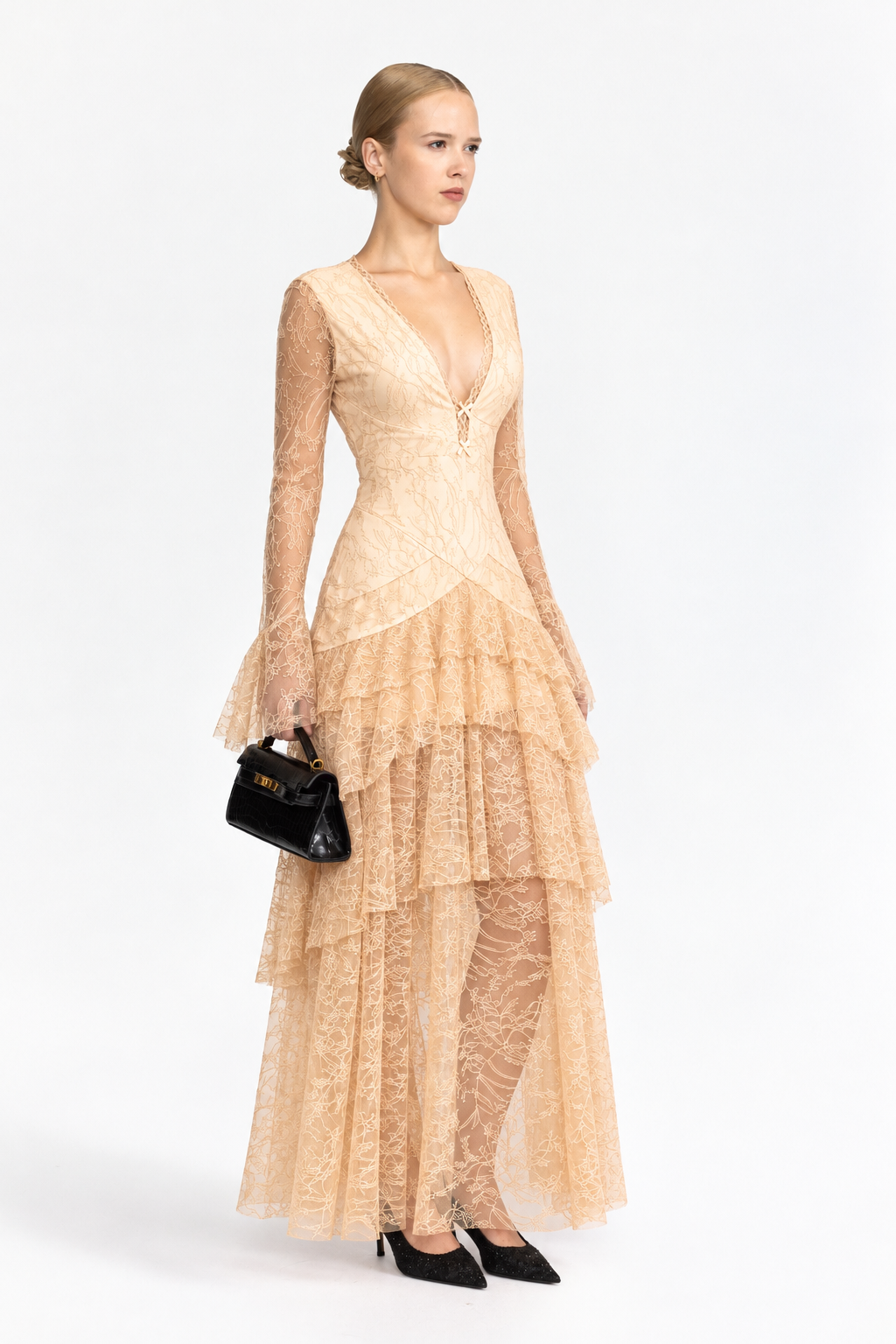 Chantilly Lace Tiered Maxi Dress - Beige