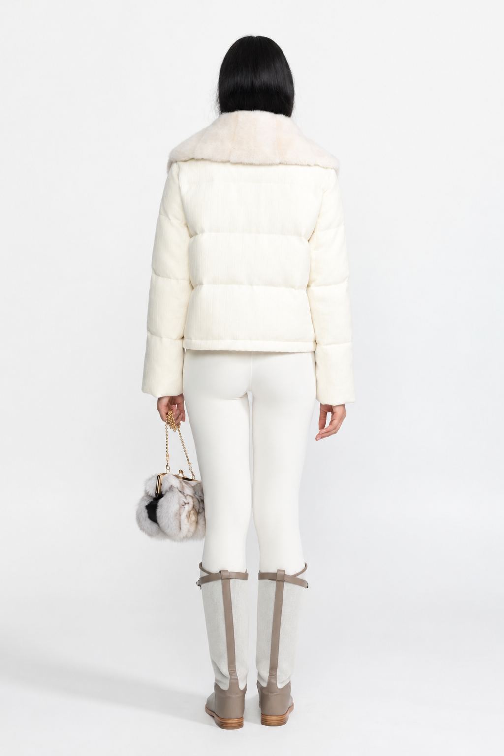 Ribbed Cashmere Down Puffer Jacket with Mink Fur Collar - Ivoire