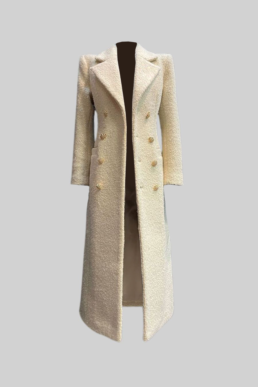 Double Breasted Textured Overcoat With Golden Buttons - Ivoire