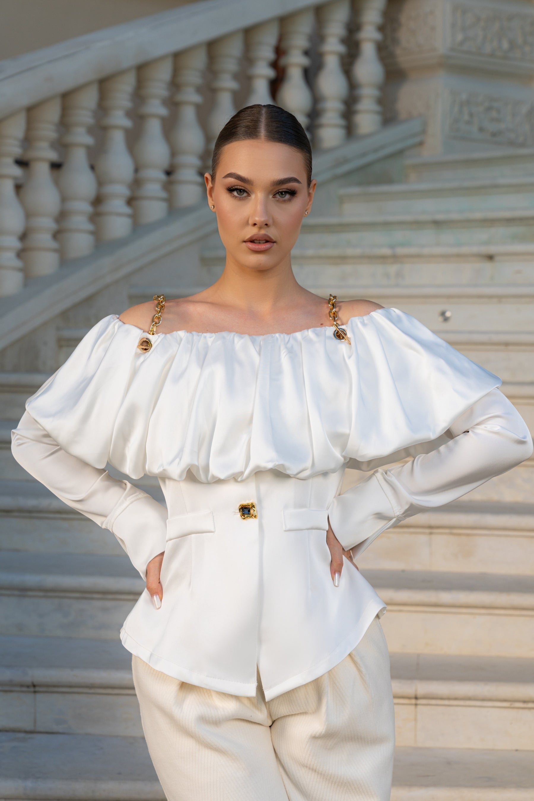 Off Shoulder Satin Shirt with Golden Metallic Straps - White