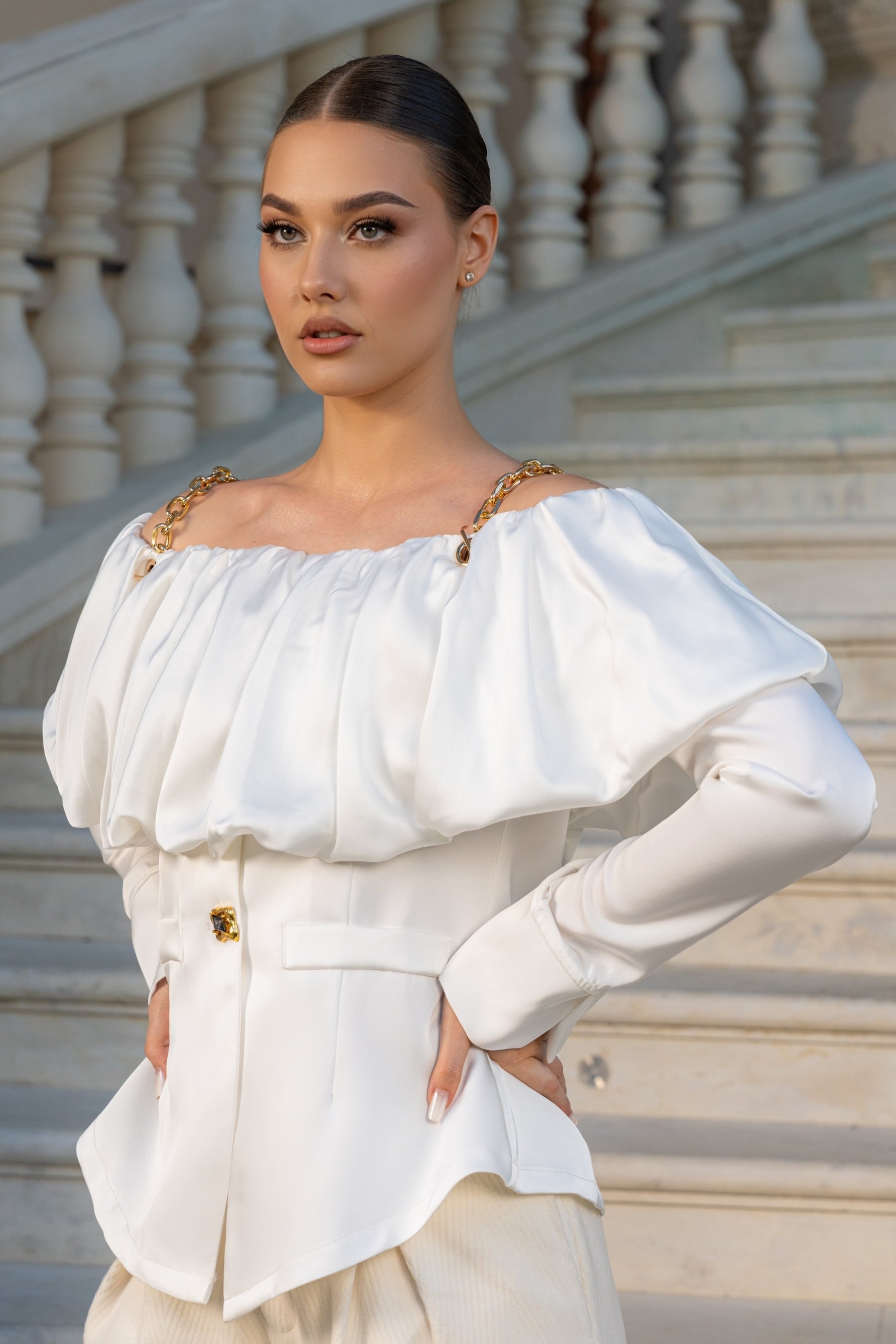 Off Shoulder Satin Shirt with Golden Metallic Straps - White