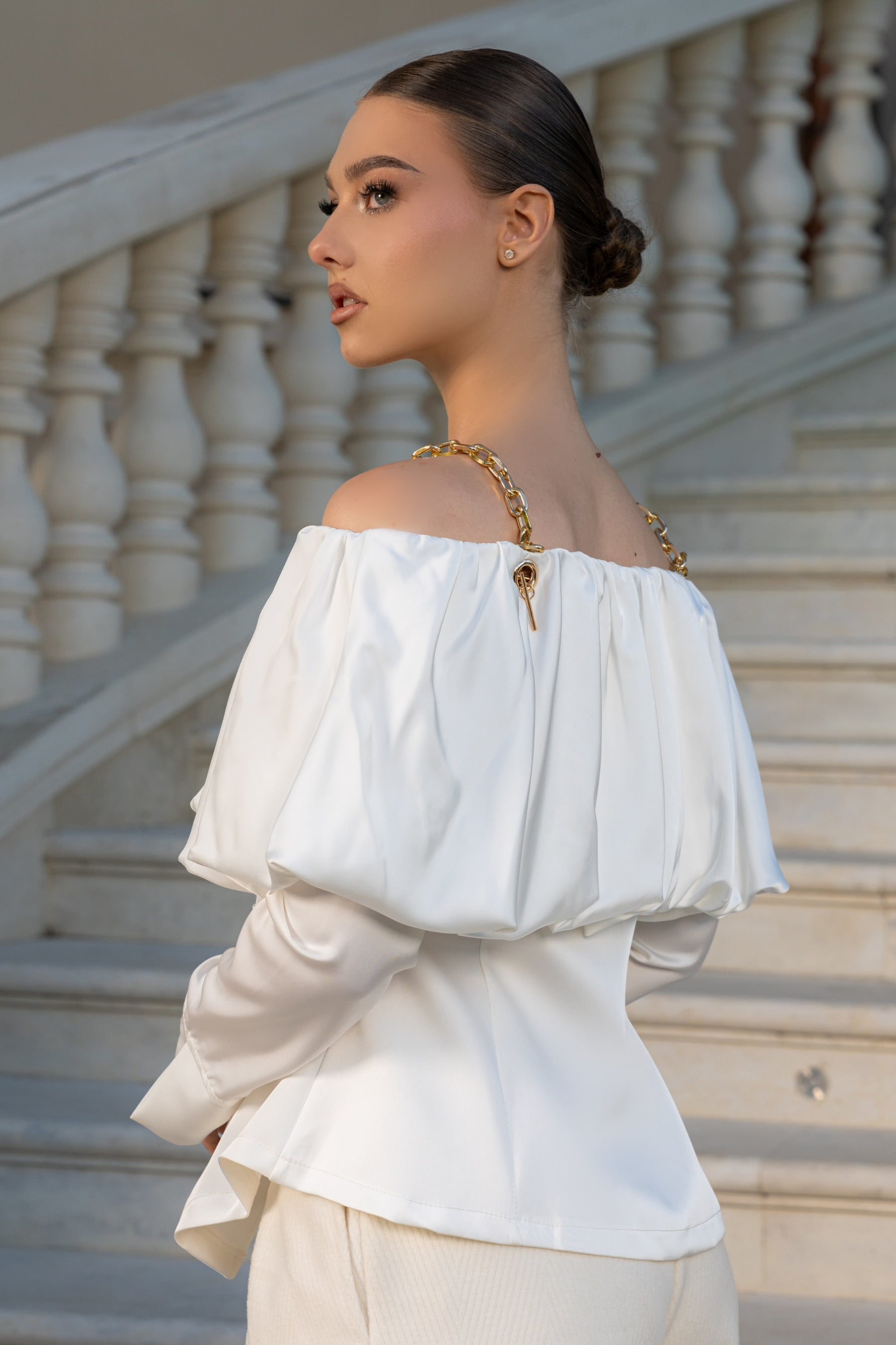 Off Shoulder Satin Shirt with Golden Metallic Straps - White