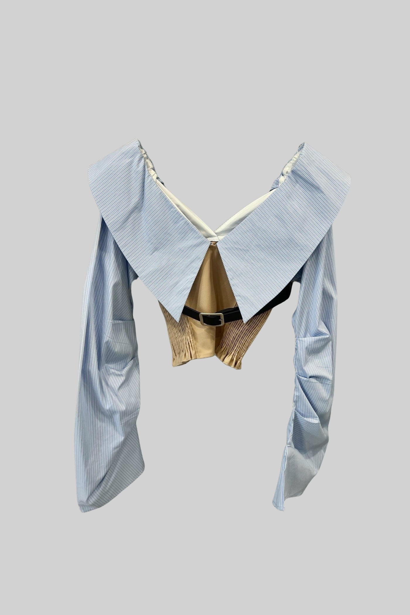 Two-Piece Set with Oversized Collar Crop Top and Wide-Leg Pants - Beige/Blue