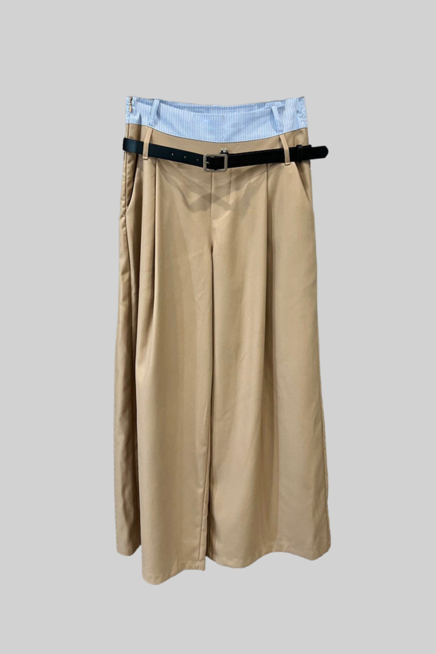 Two-Piece Set with Oversized Collar Crop Top and Wide-Leg Pants - Beige/Blue