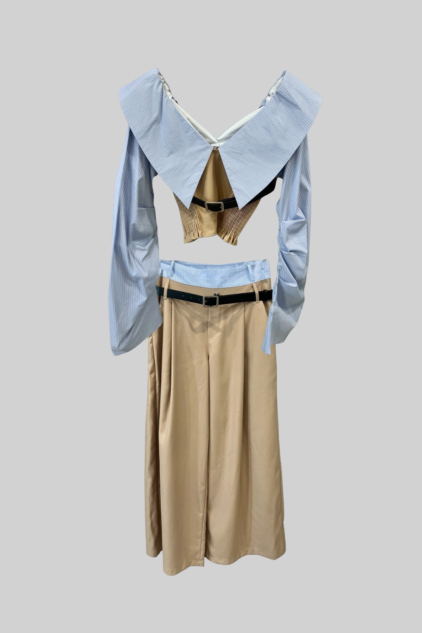 Two-Piece Set with Oversized Collar Crop Top and Wide-Leg Pants - Beige/Blue