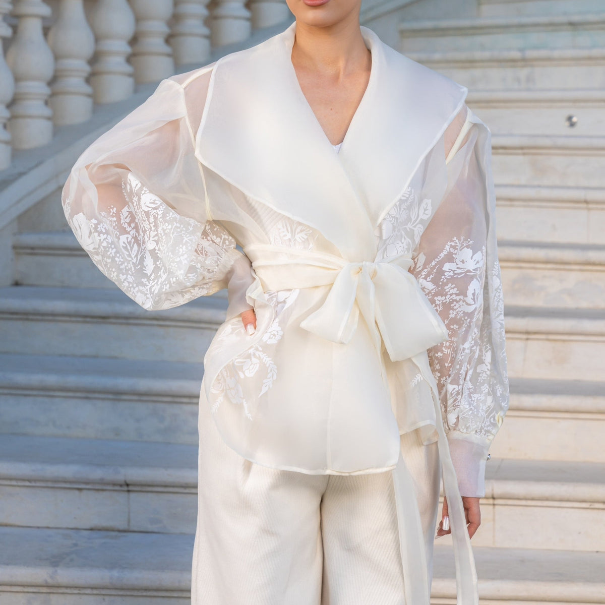 Organza Blazer with Floral Print and Puffy Sleeves