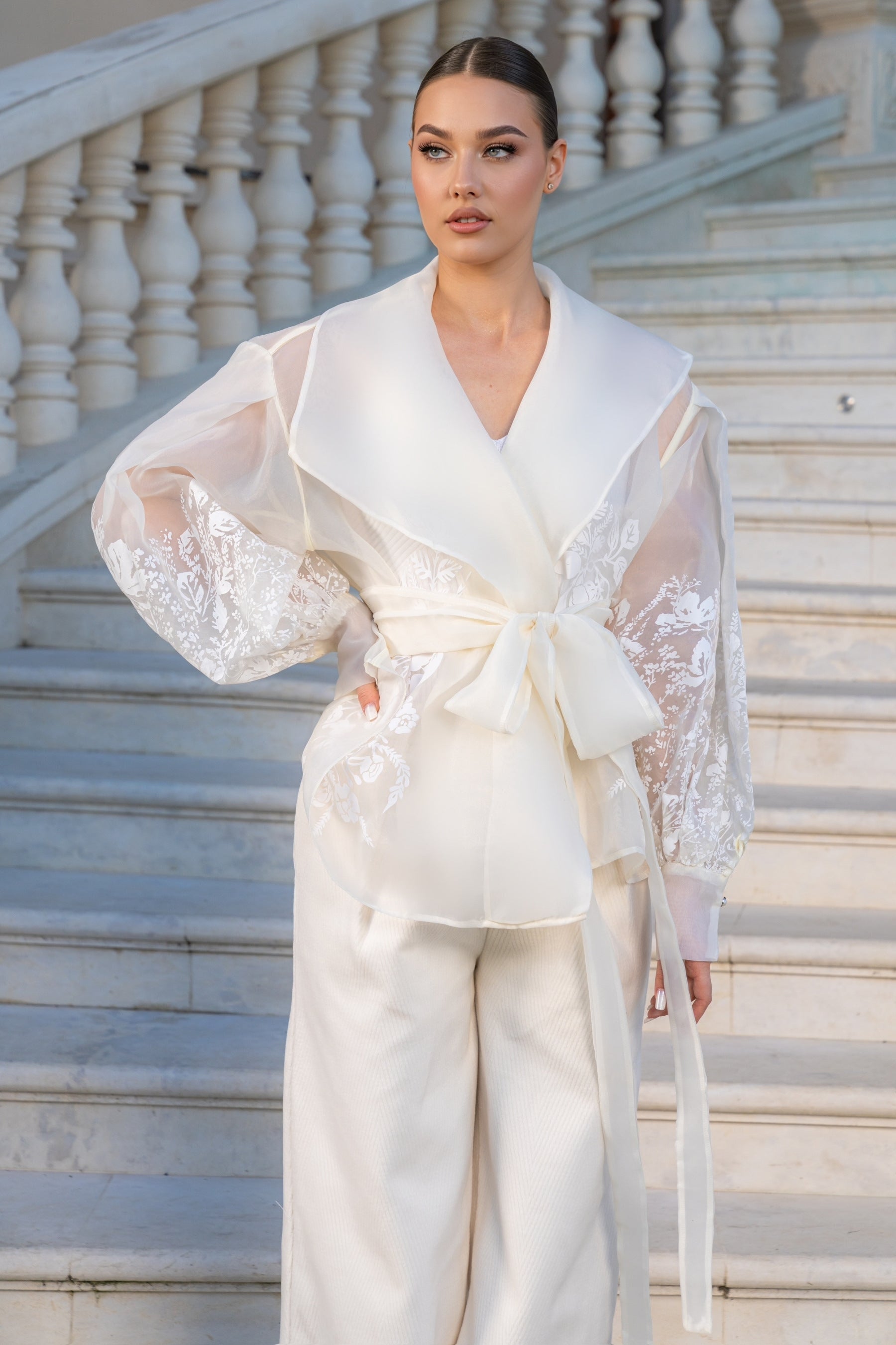 Organza Blazer with Floral Print and Puffy Sleeves White