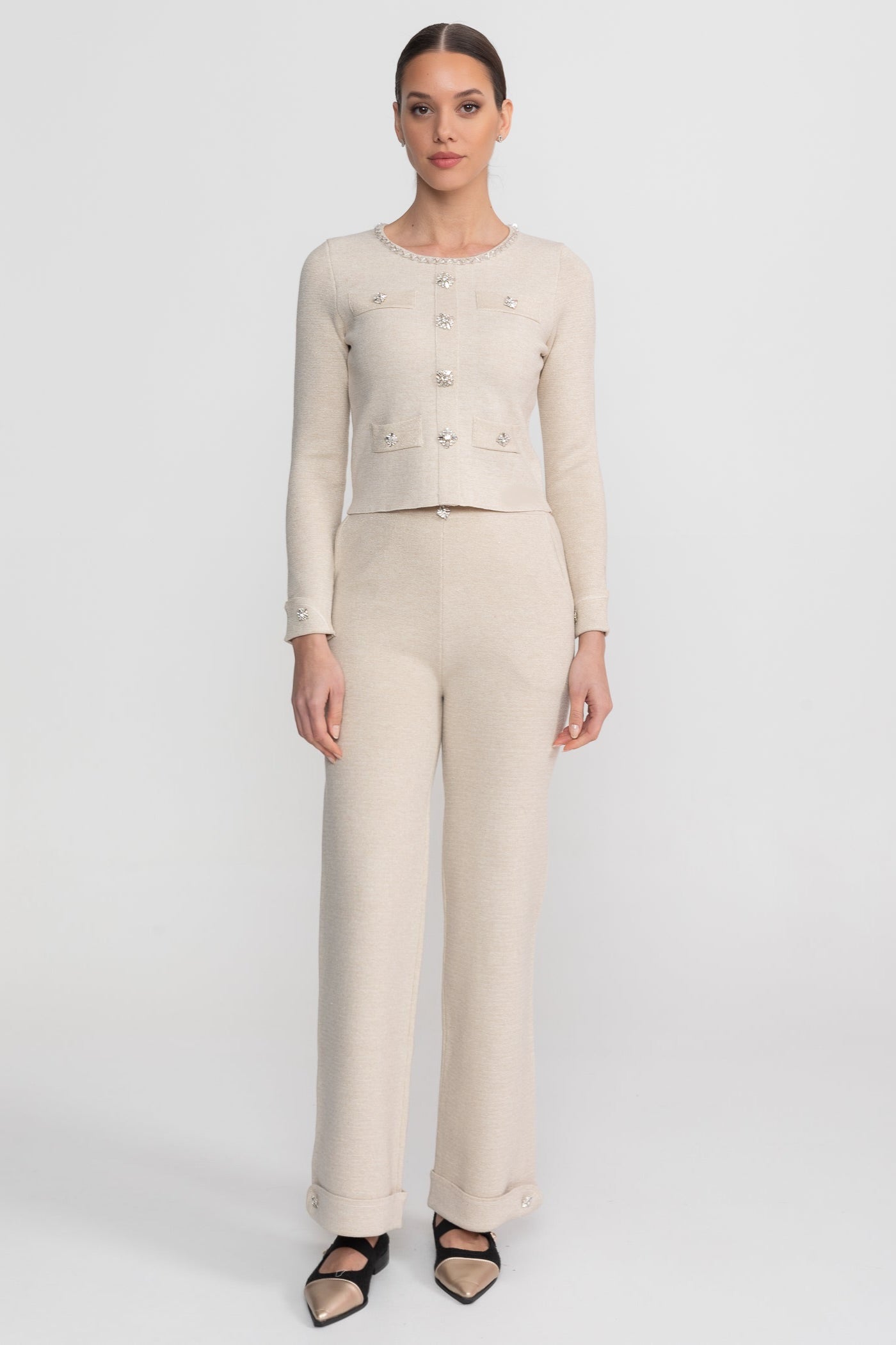 Long Sleeve Knit Co-Ord Set With Sparkling Embellishments - Beige