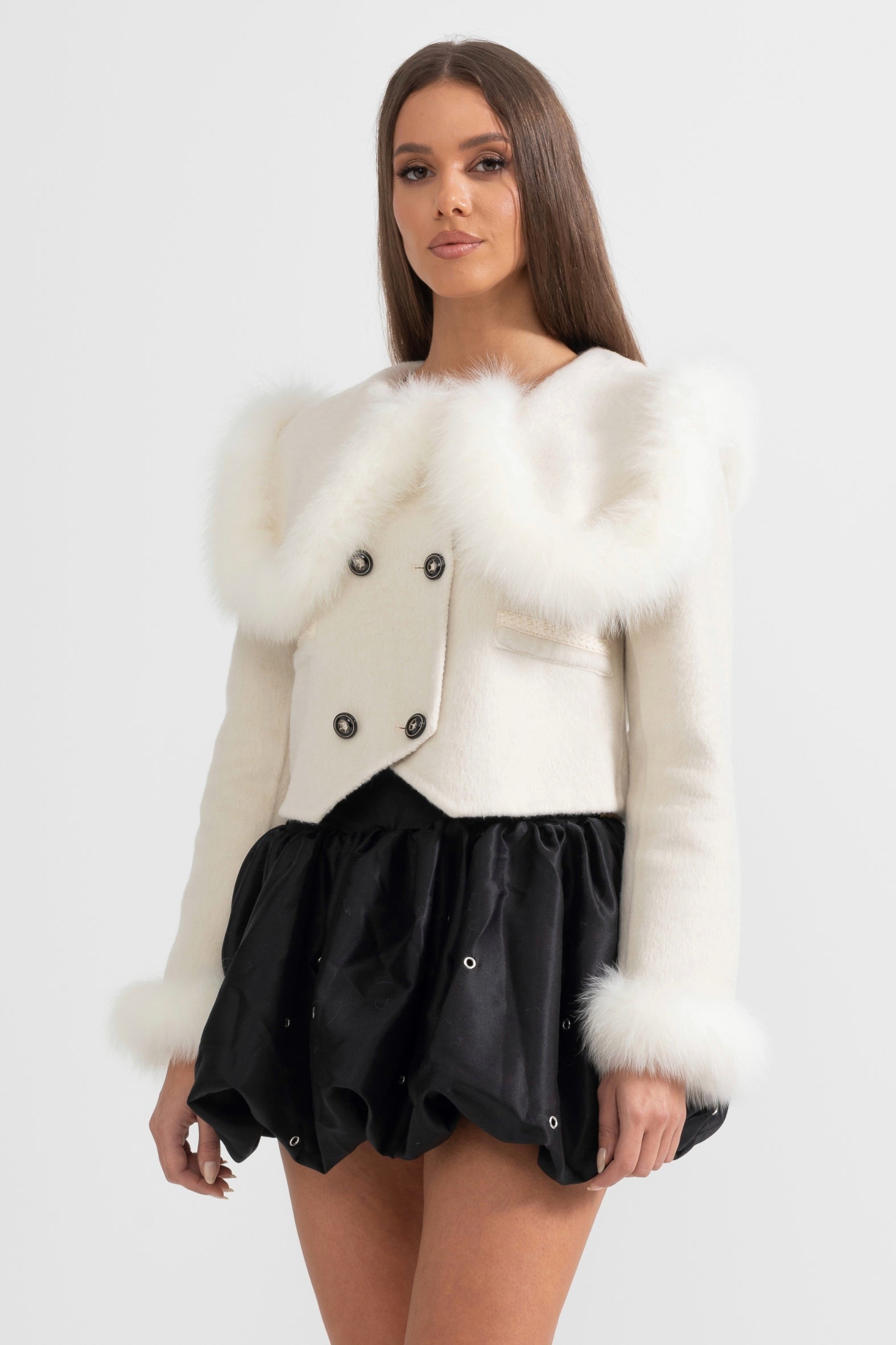 Double Breasted Cropped Jacket With Fur Collar Embellishment - White