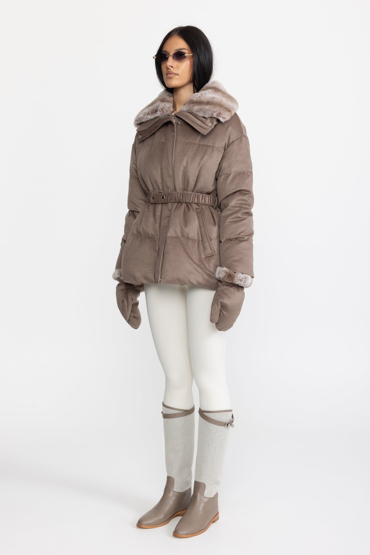Rex Rabbit Fur Collar Cotton-Silk Down Jacket - Taupe