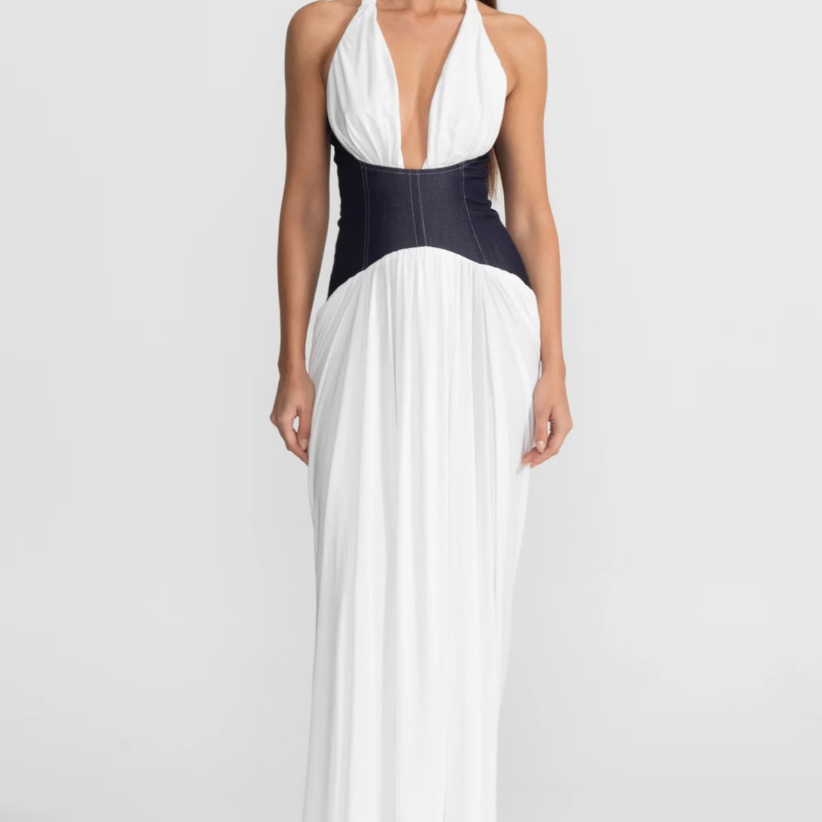 white christmas dresses Stretch Denim Halter Mini Dress (White)- Final Sale – lee monet main image 1