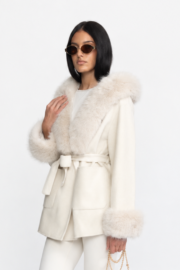 Hooded Belted Cashmere-Blend Coat with Fur Trim - Ivoire